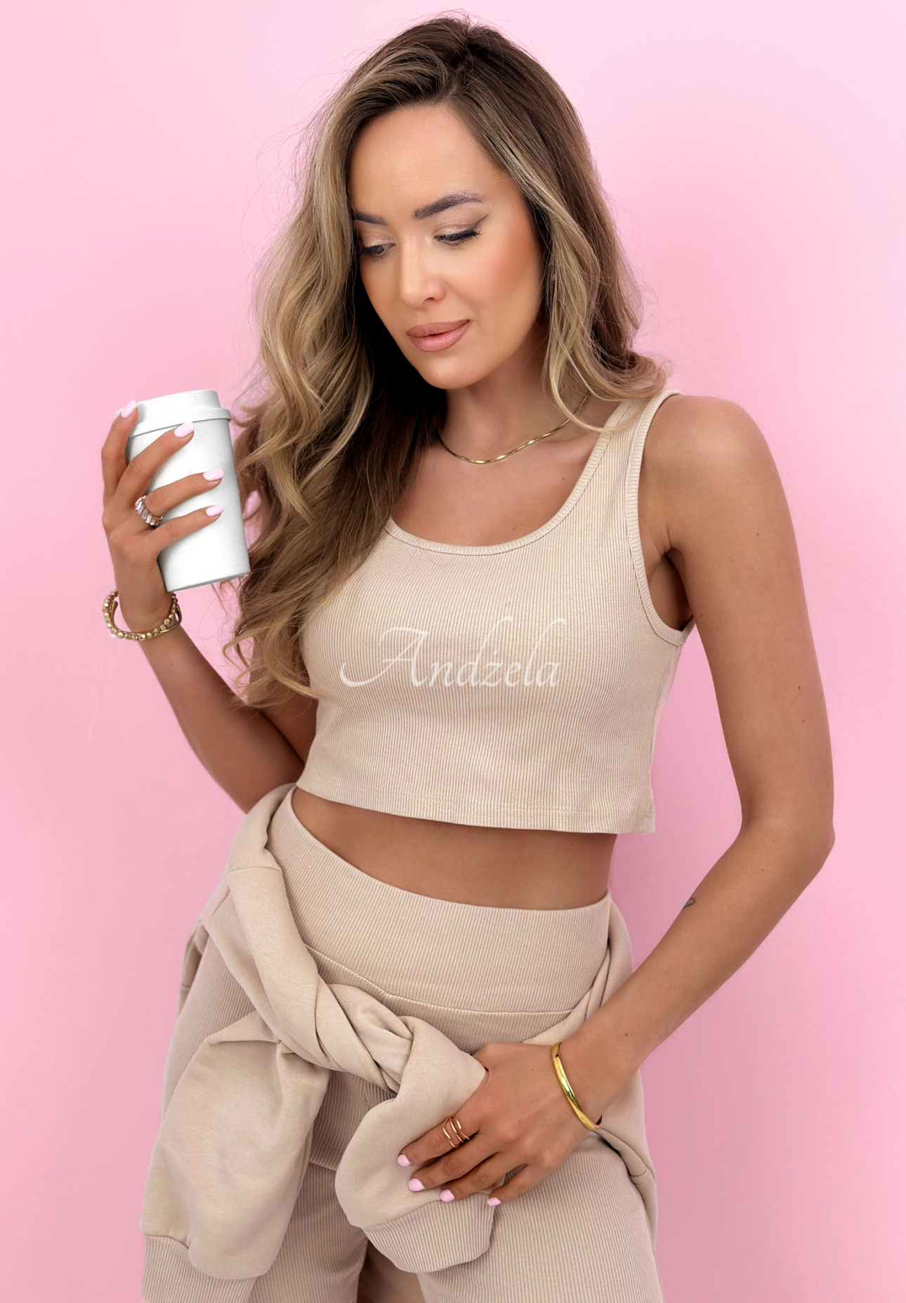 Bavlnená súprava mikina, legíny, top 3v1 Look At Me béžový