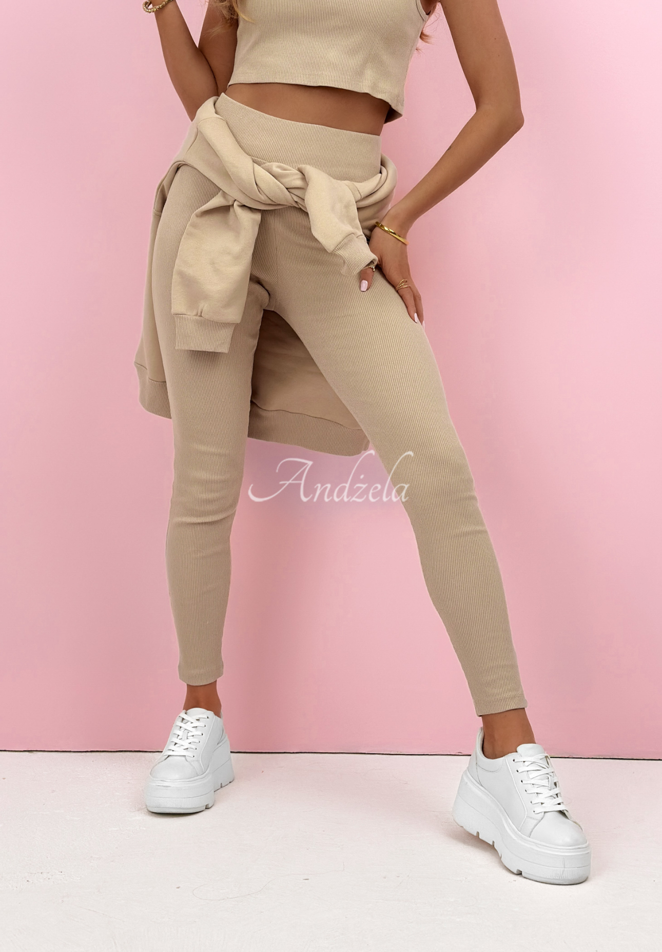 Bavlnená súprava mikina, legíny, top 3v1 Look At Me béžový