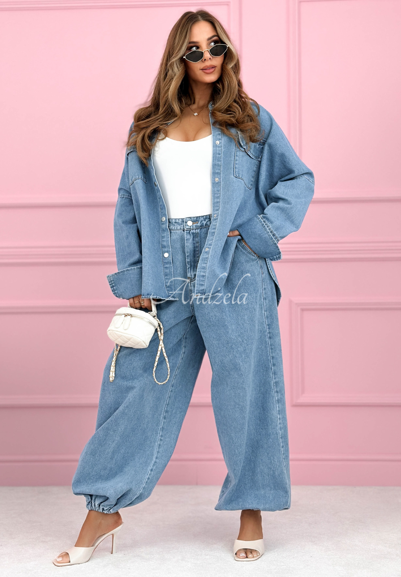 Džínsová súprava košeľa a nohavice balloon Emmeline svetlomodrý