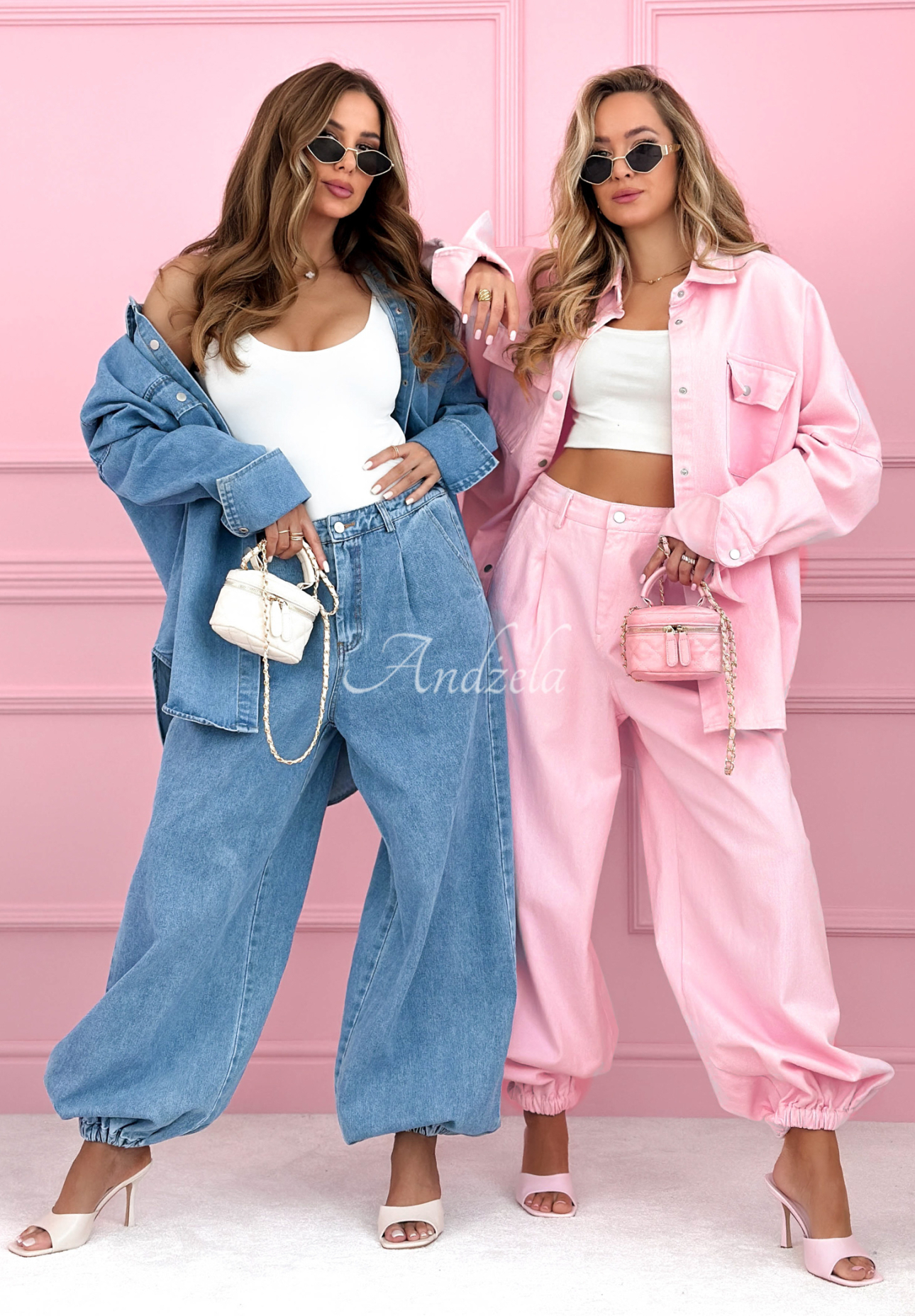 Džínsová súprava košeľa a nohavice balloon Emmeline púdrovo ružová