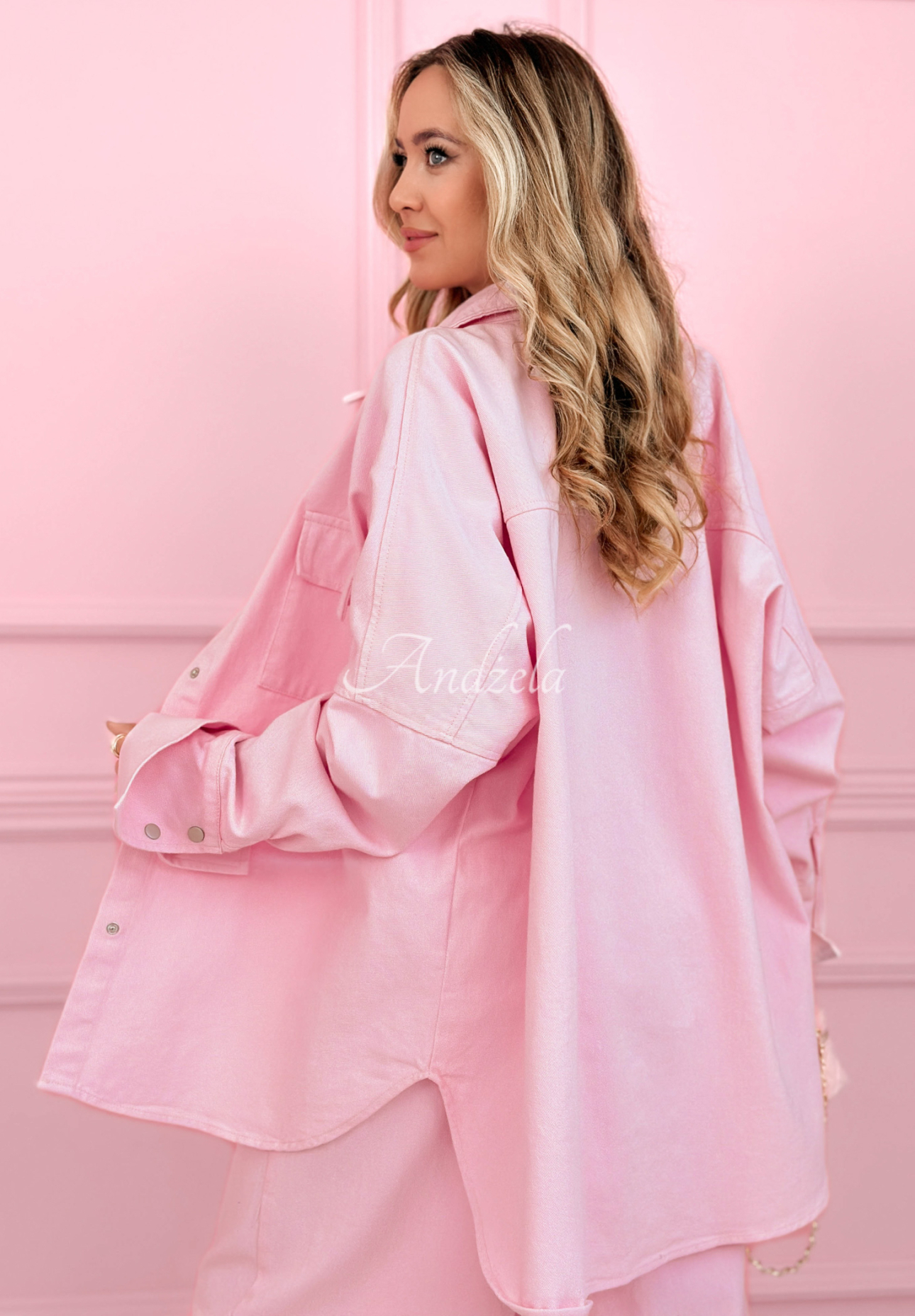 Džínsová súprava košeľa a nohavice balloon Emmeline púdrovo ružová