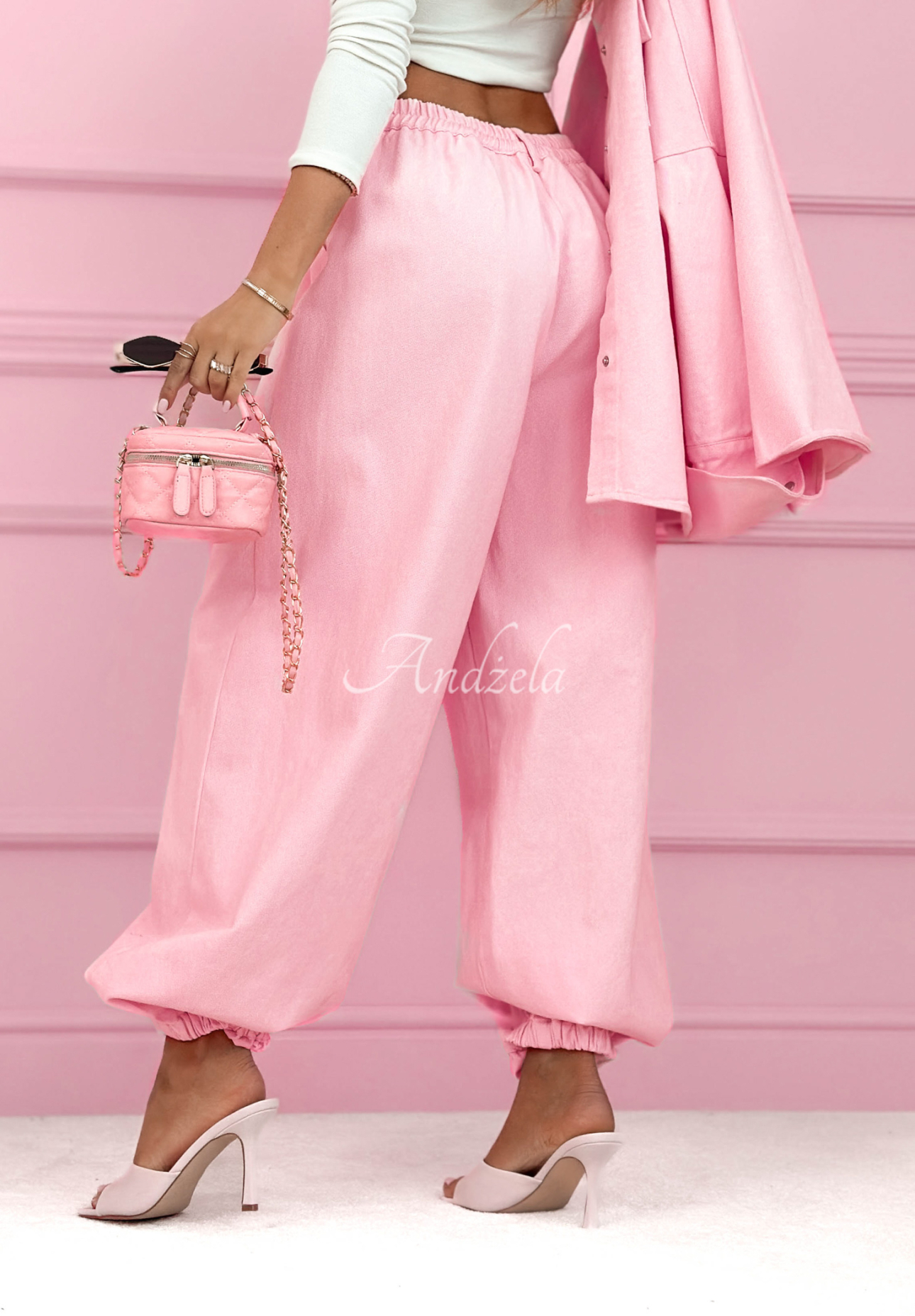 Džínsová súprava košeľa a nohavice balloon Emmeline púdrovo ružová