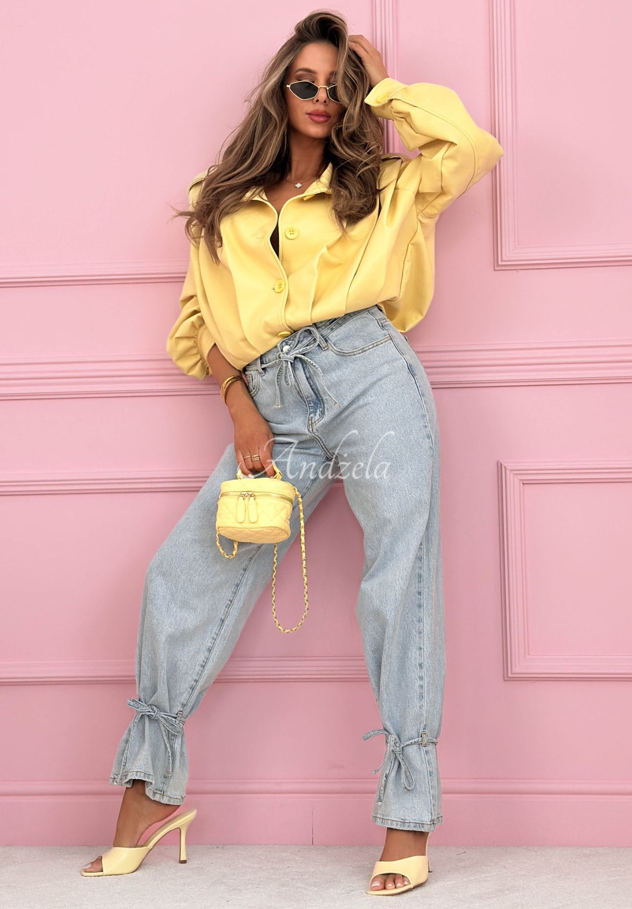 Džínsy wide leg s viazaním Annora svetlomodré