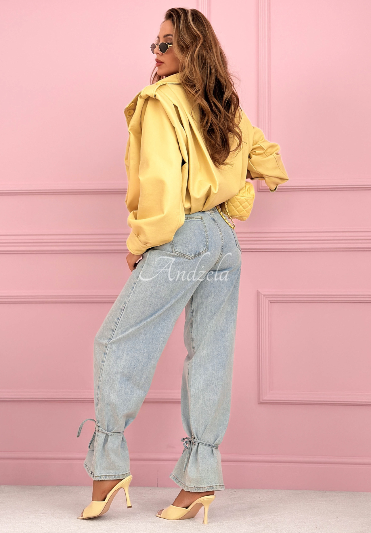 Džínsy wide leg s viazaním Annora svetlomodré