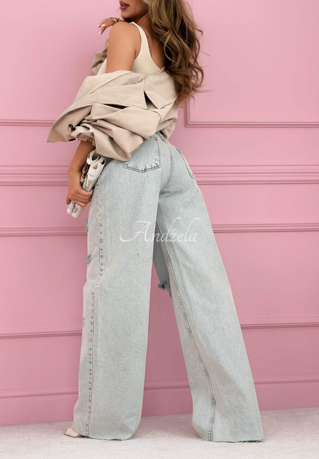 Džínsy wide leg s odreninami Claribel svetlomodré