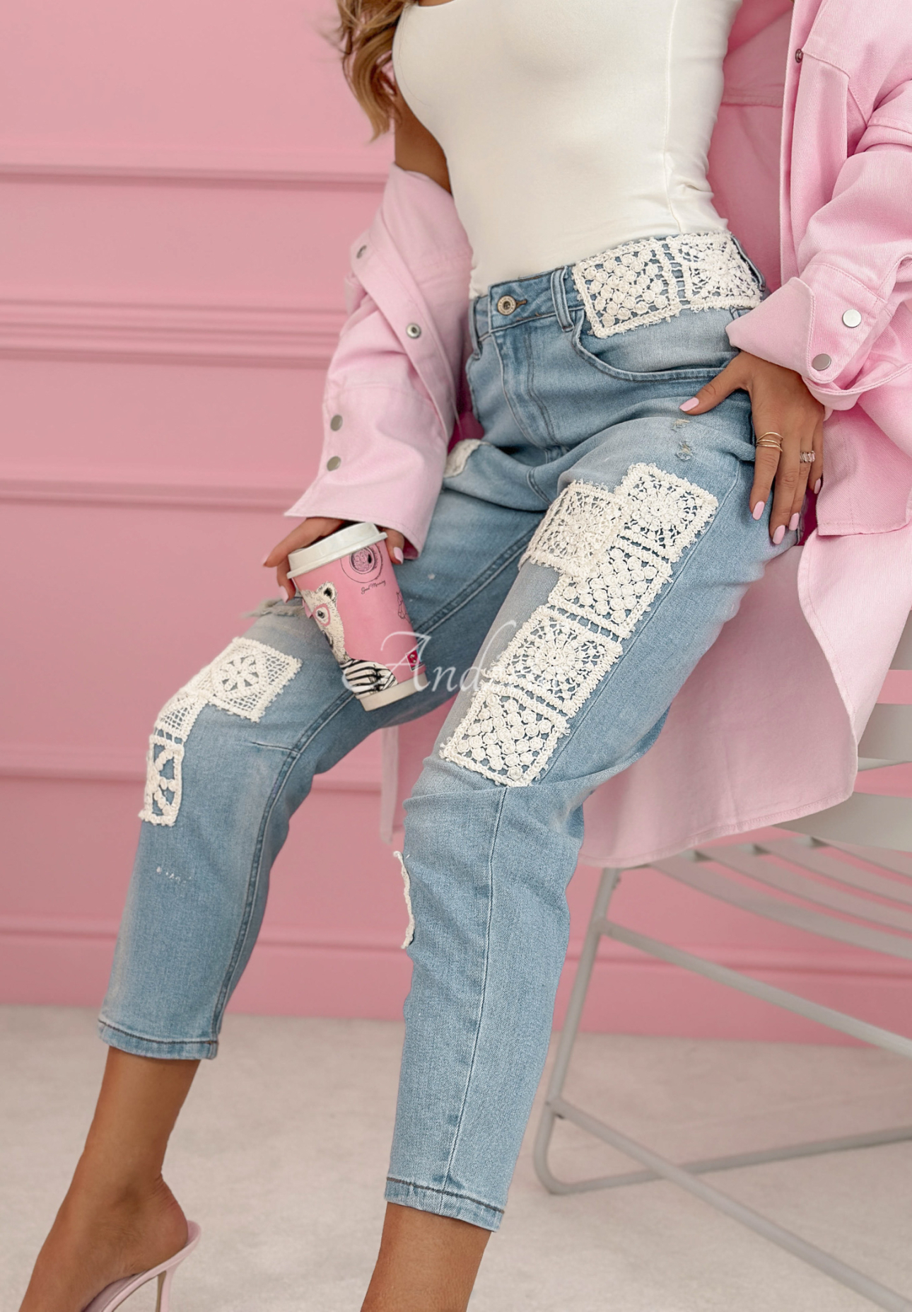 Džínsy skinnys čipkovanými nášivkami Funny Times svetlomodré
