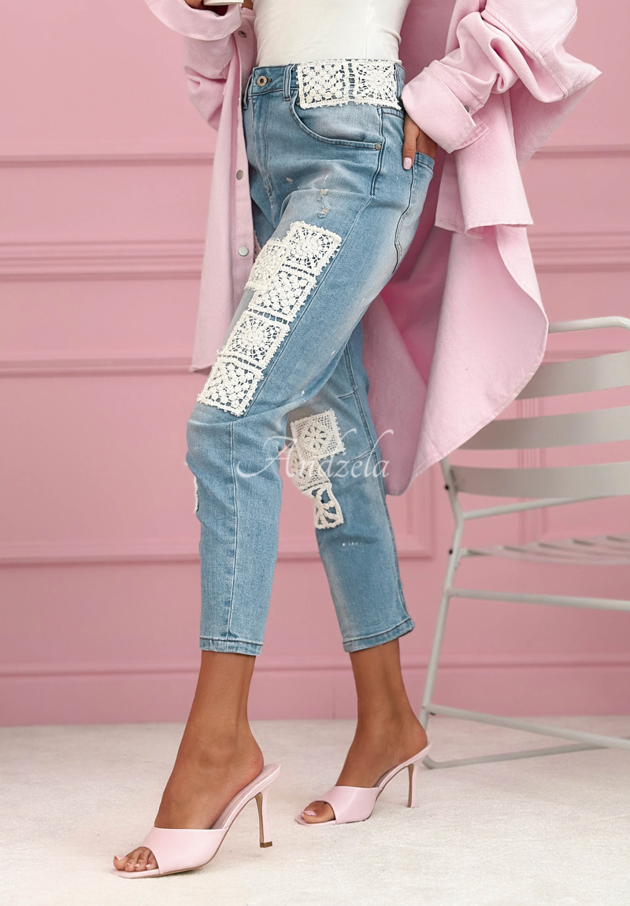 Džínsy skinnys čipkovanými nášivkami Funny Times svetlomodré