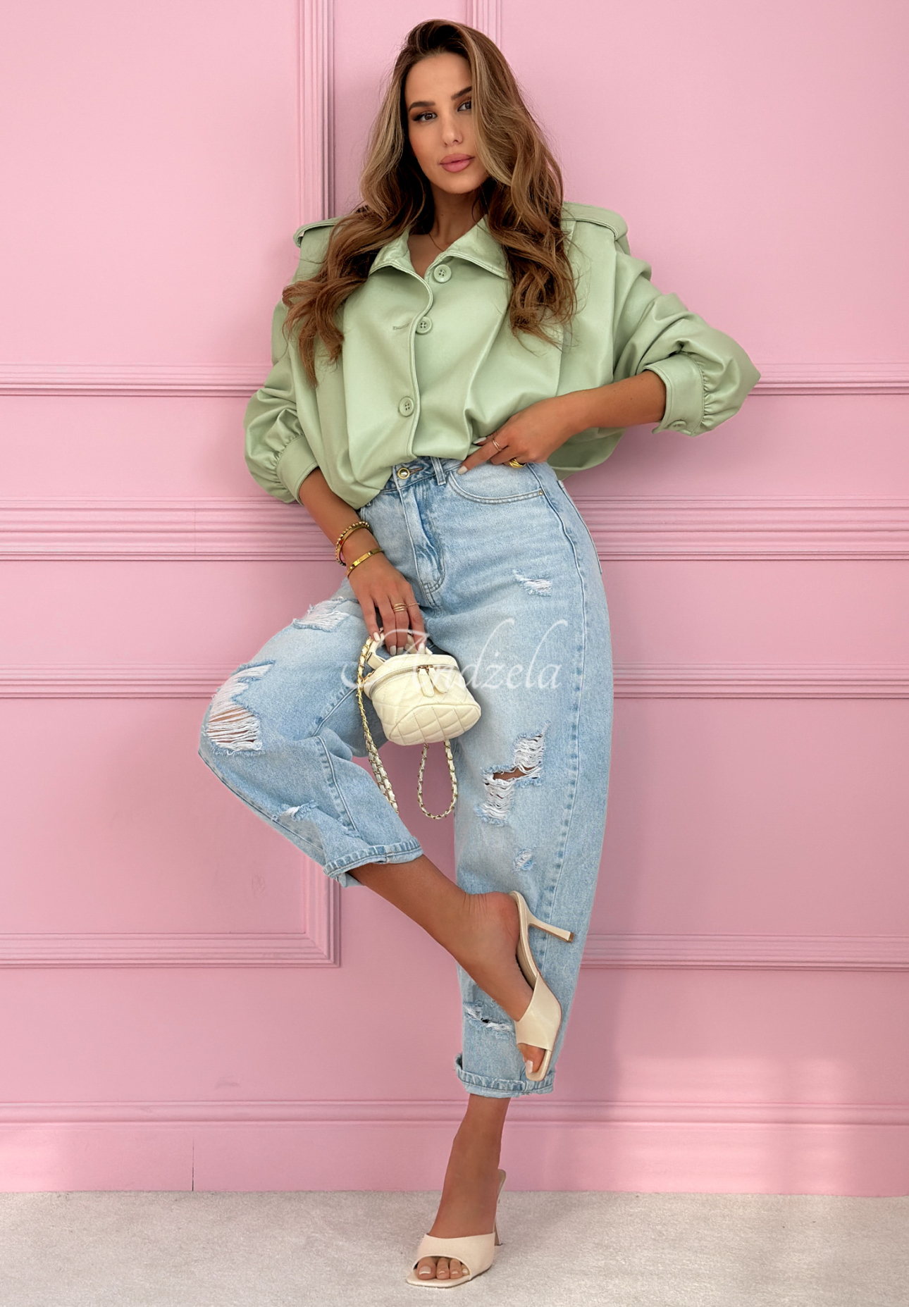 Krátka kožená bunda s golierom Valleria pistaciová