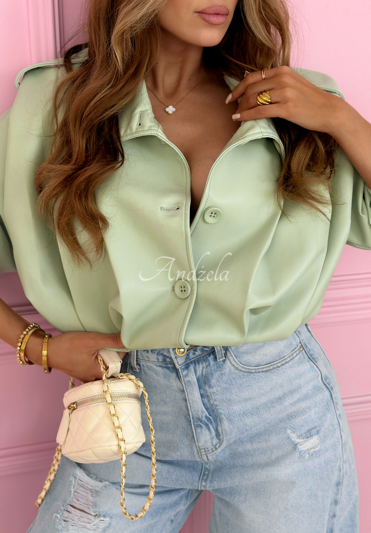 Krátka kožená bunda s golierom Valleria pistaciová