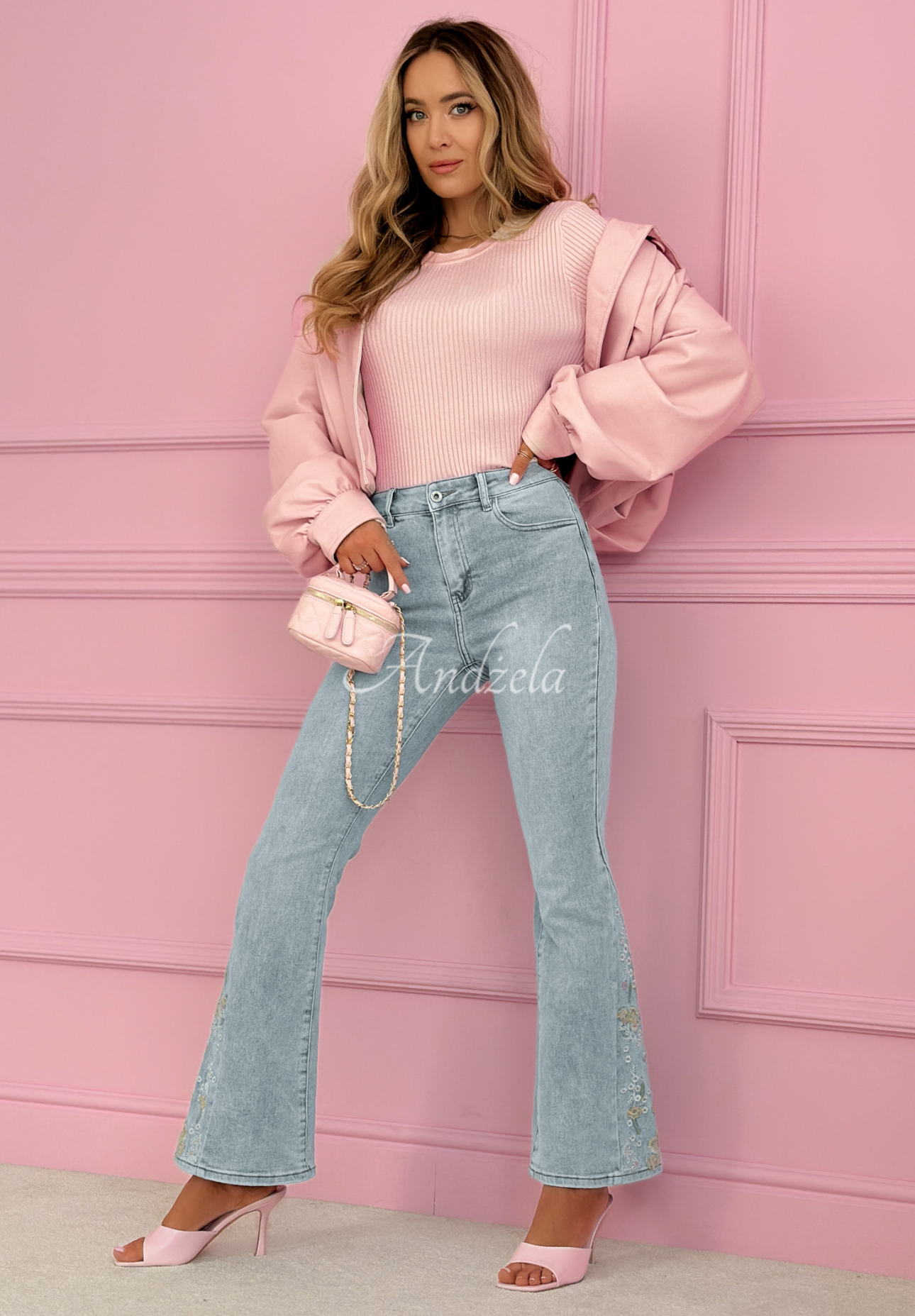 Džínsy zvony s výšivkami Nerelle svetlomodré