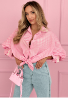 Košeľa w kratę z bufkami i koronką Dolores ružová
