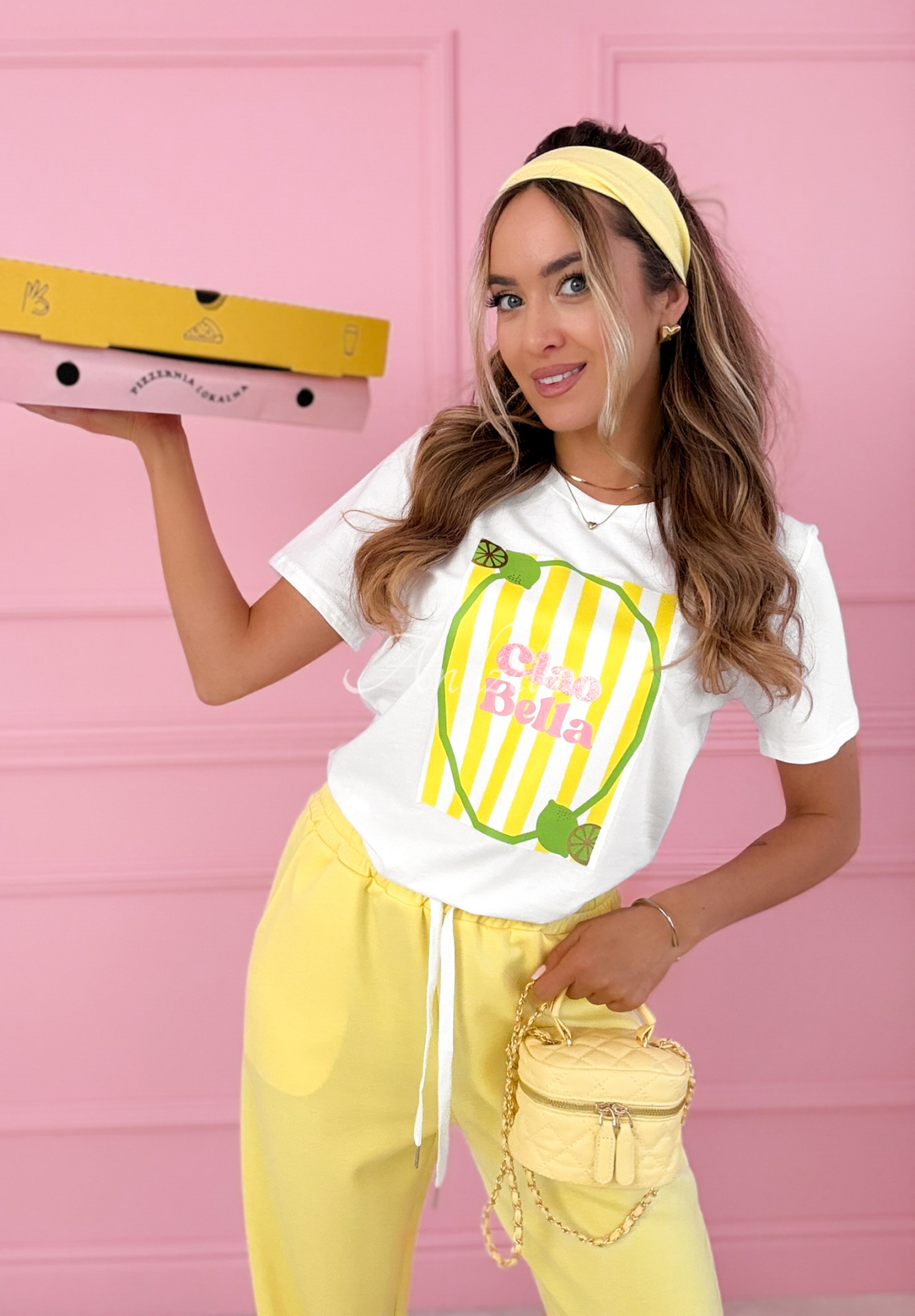 Bavlnené tričko s potlačou Ciao Bella bielo-žltá