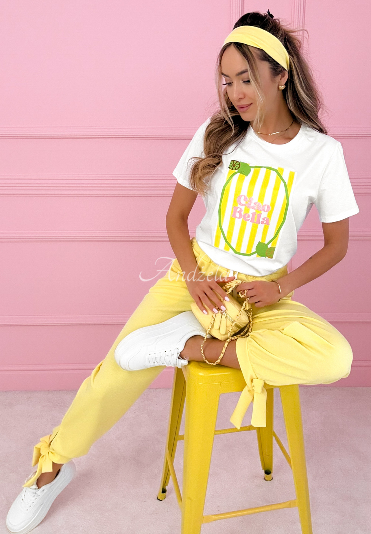 Bavlnené tričko s potlačou Ciao Bella bielo-žltá