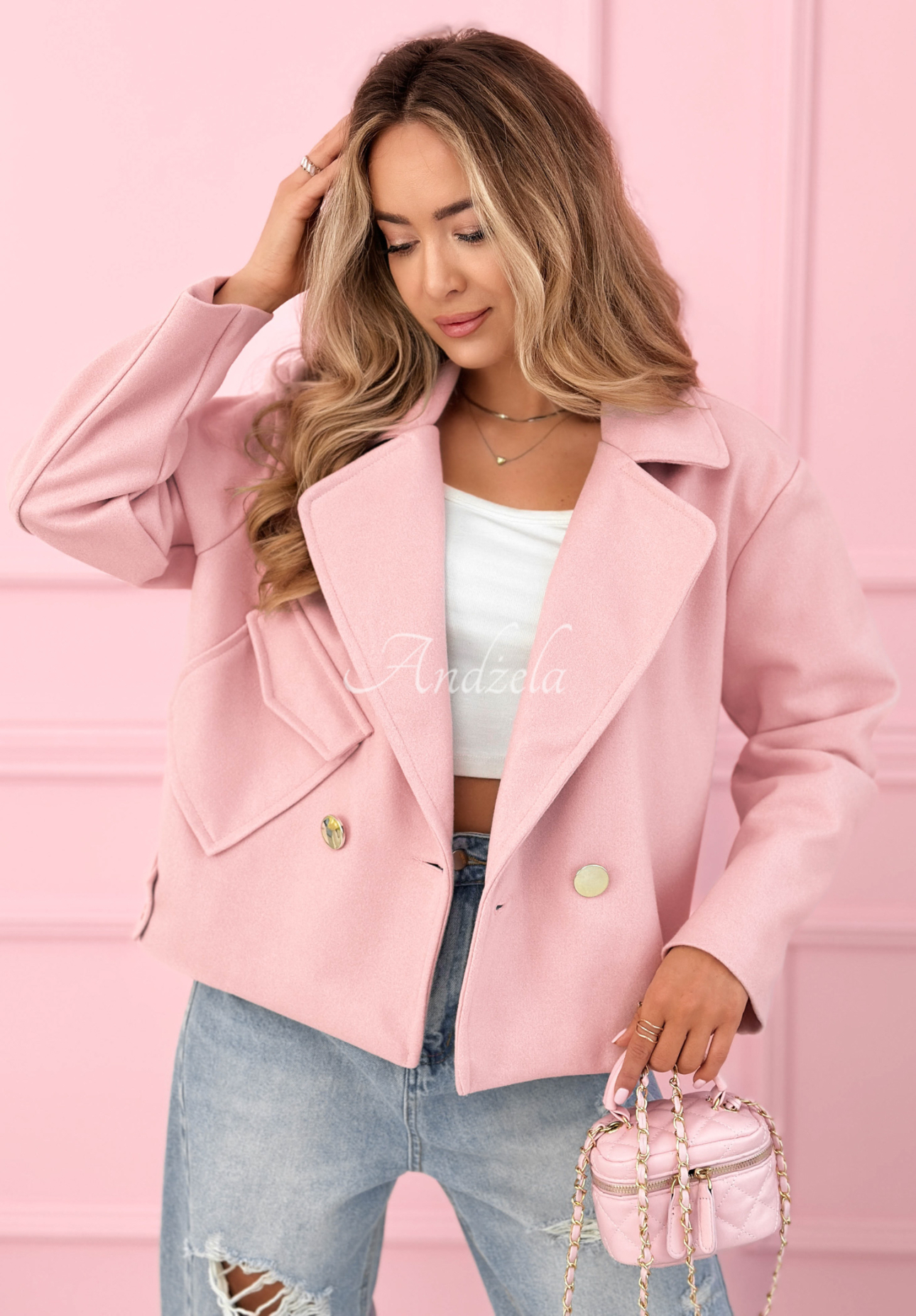 Krátky vlnený kabát Sylvie púdrovo ružová