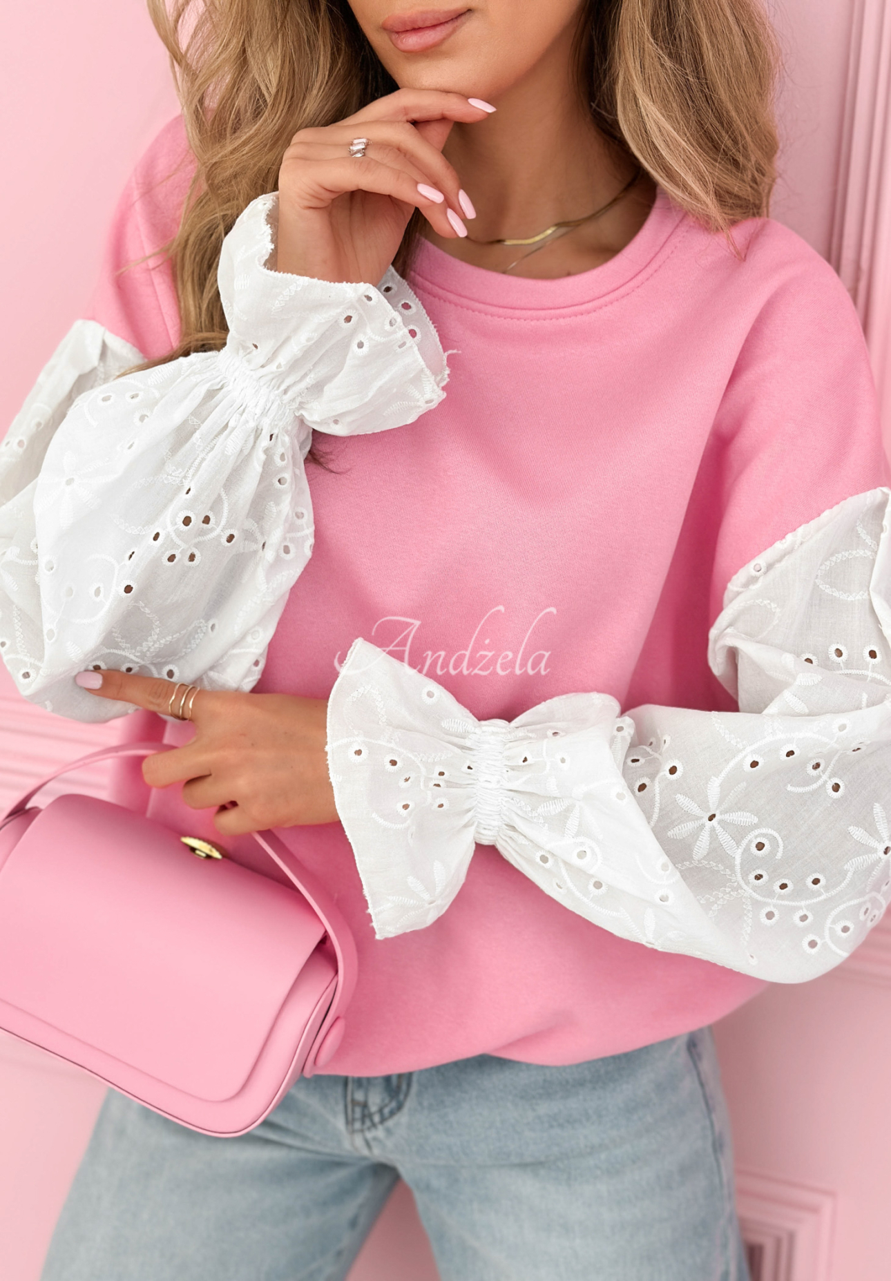 Bavlnená mikina s ažúrovými rukávmi Leonora ružová