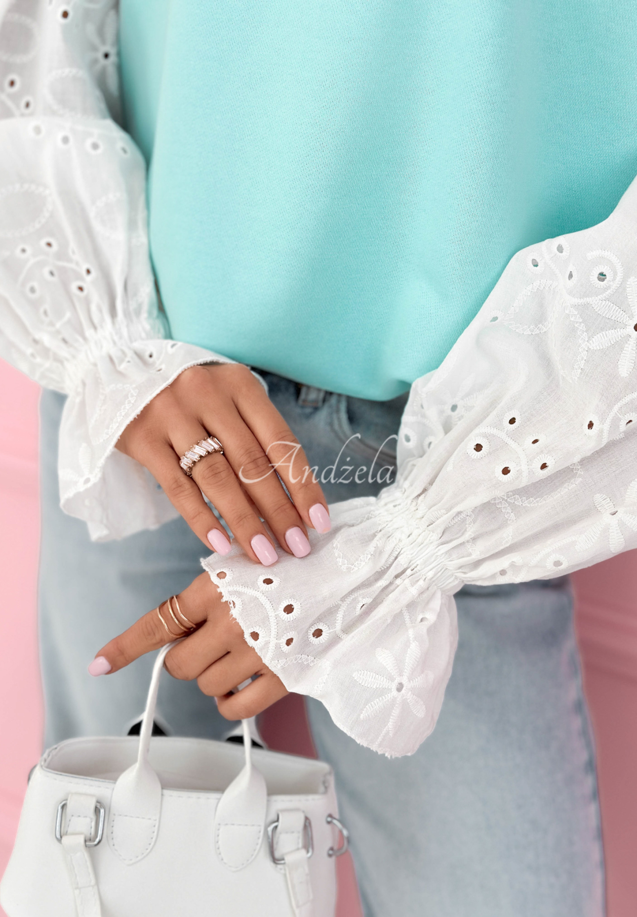 Bavlnená mikina s ažúrovými rukávmi Leonora tyrkysová