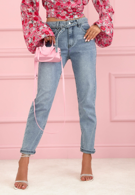 Dž&iacute;nsy mom fit s opaskom Valerio svetlomodr&eacute;