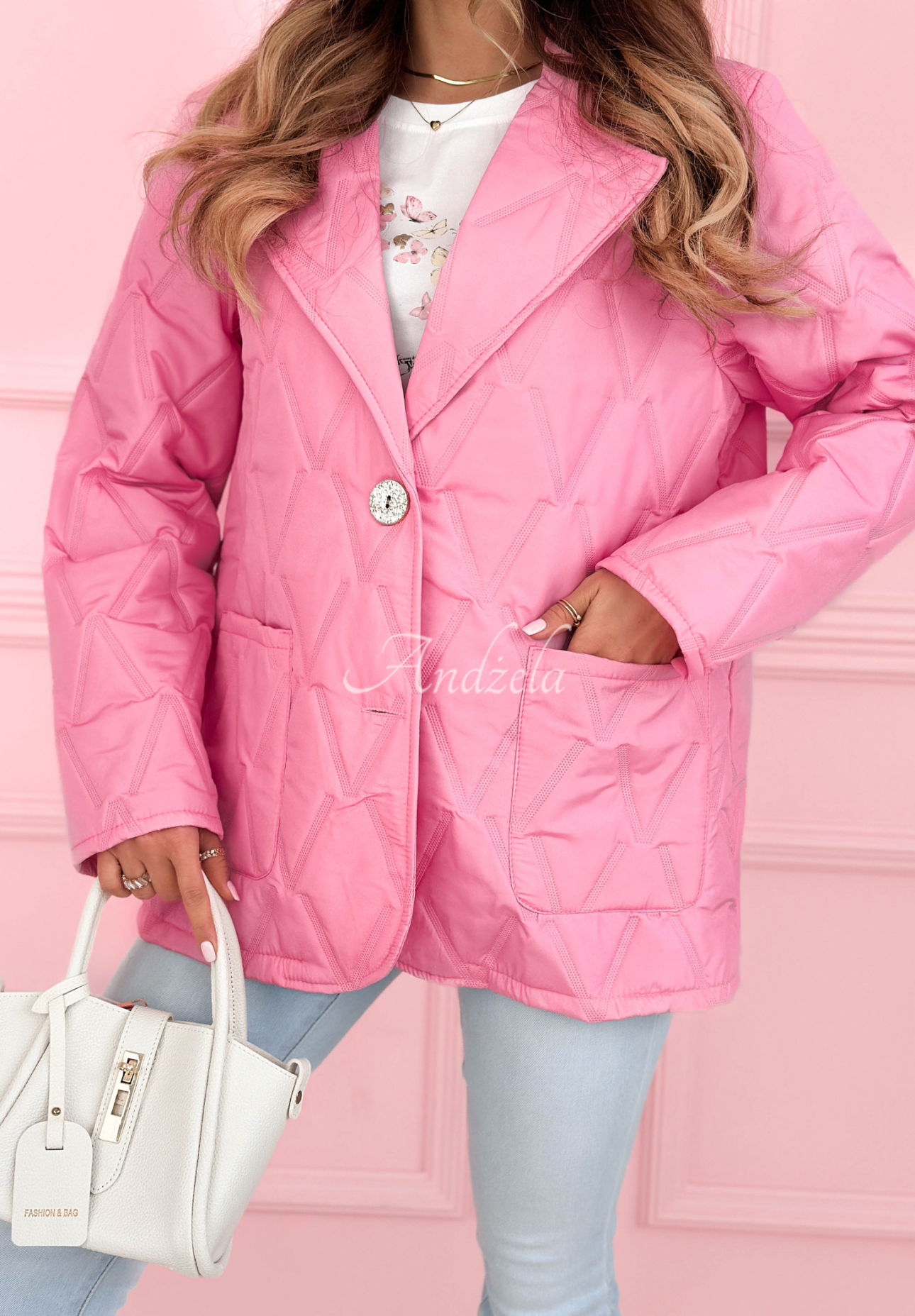Prešívaná bunda s golierom a vreckami Oleander ružová