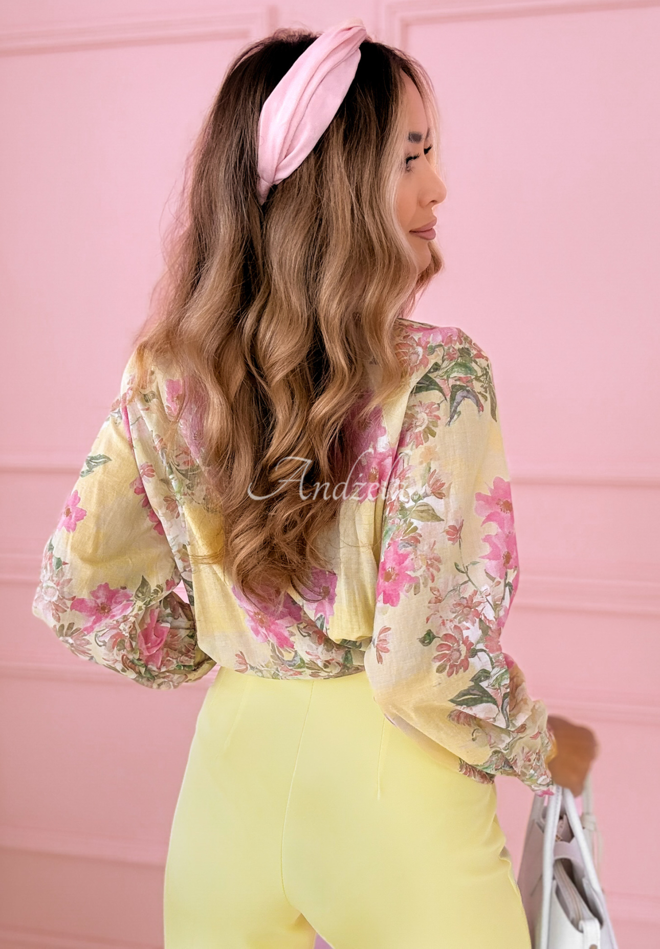 Bavlnená kvetinová blúzka so stojačikom Flower Blossoms žlto-ružová