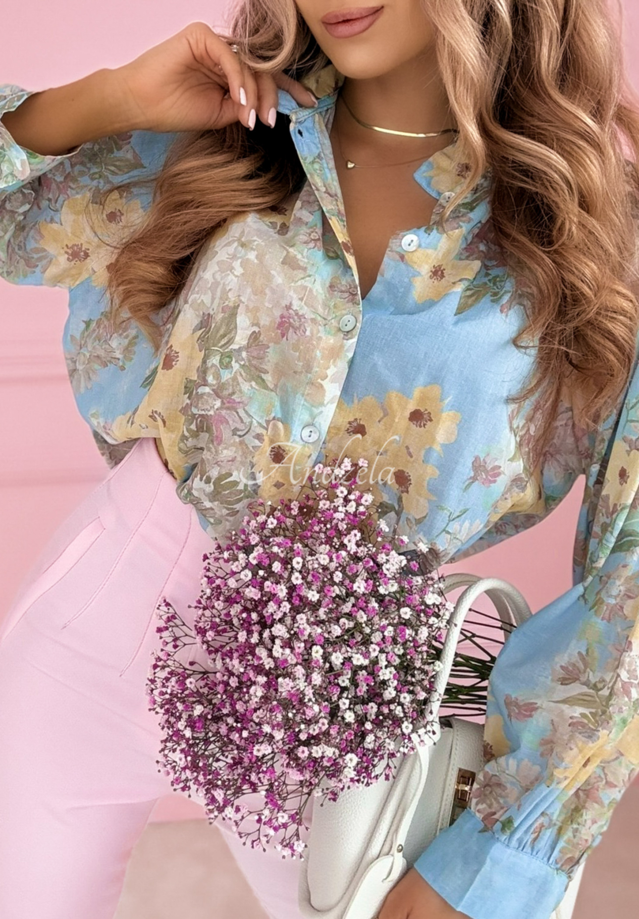 Bavlnená kvetinová blúzka so stojačikom Flower Blossoms blankytno-žltá