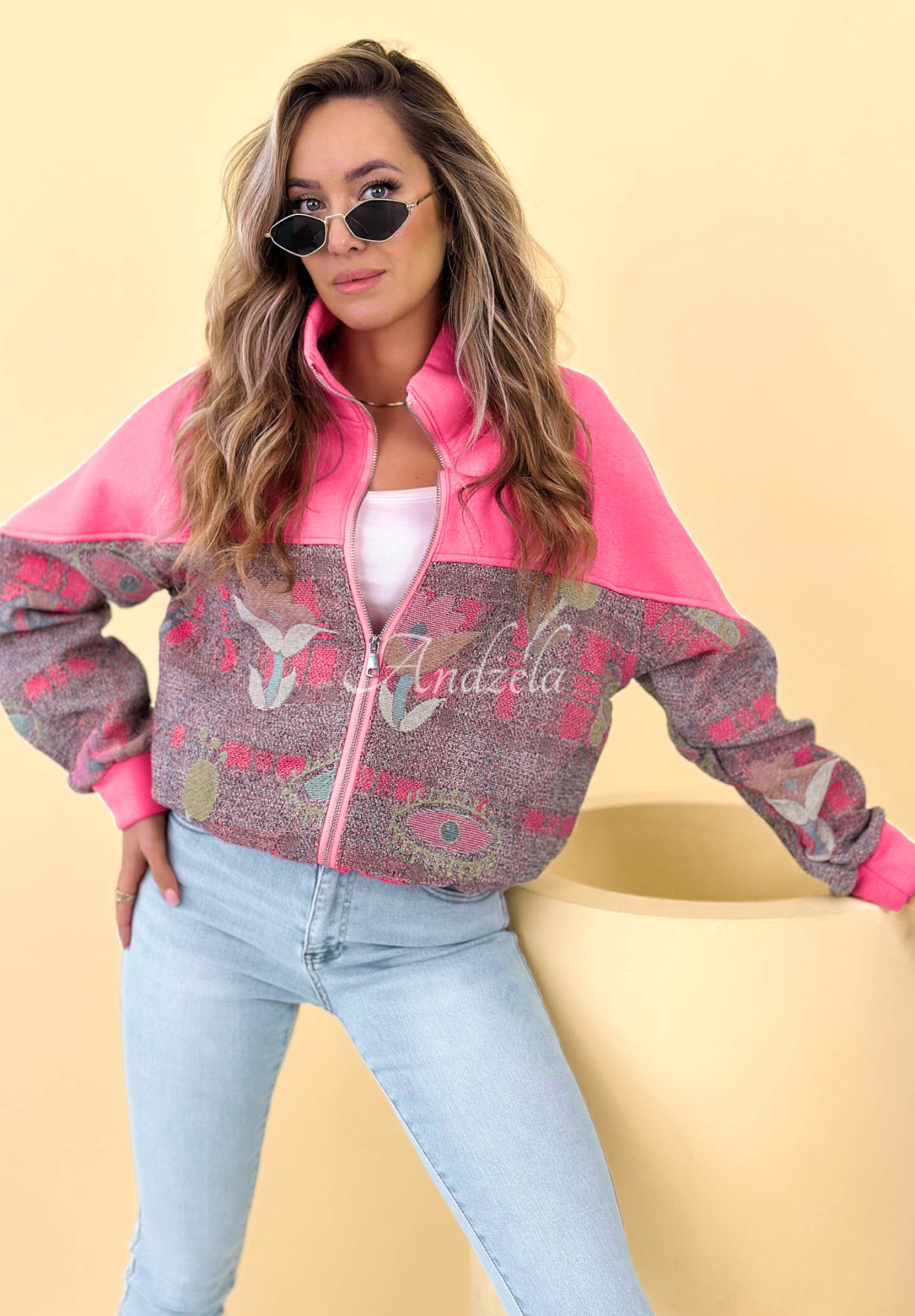 Bavlnená mikina so stojačikom so vzormi Alice ružová