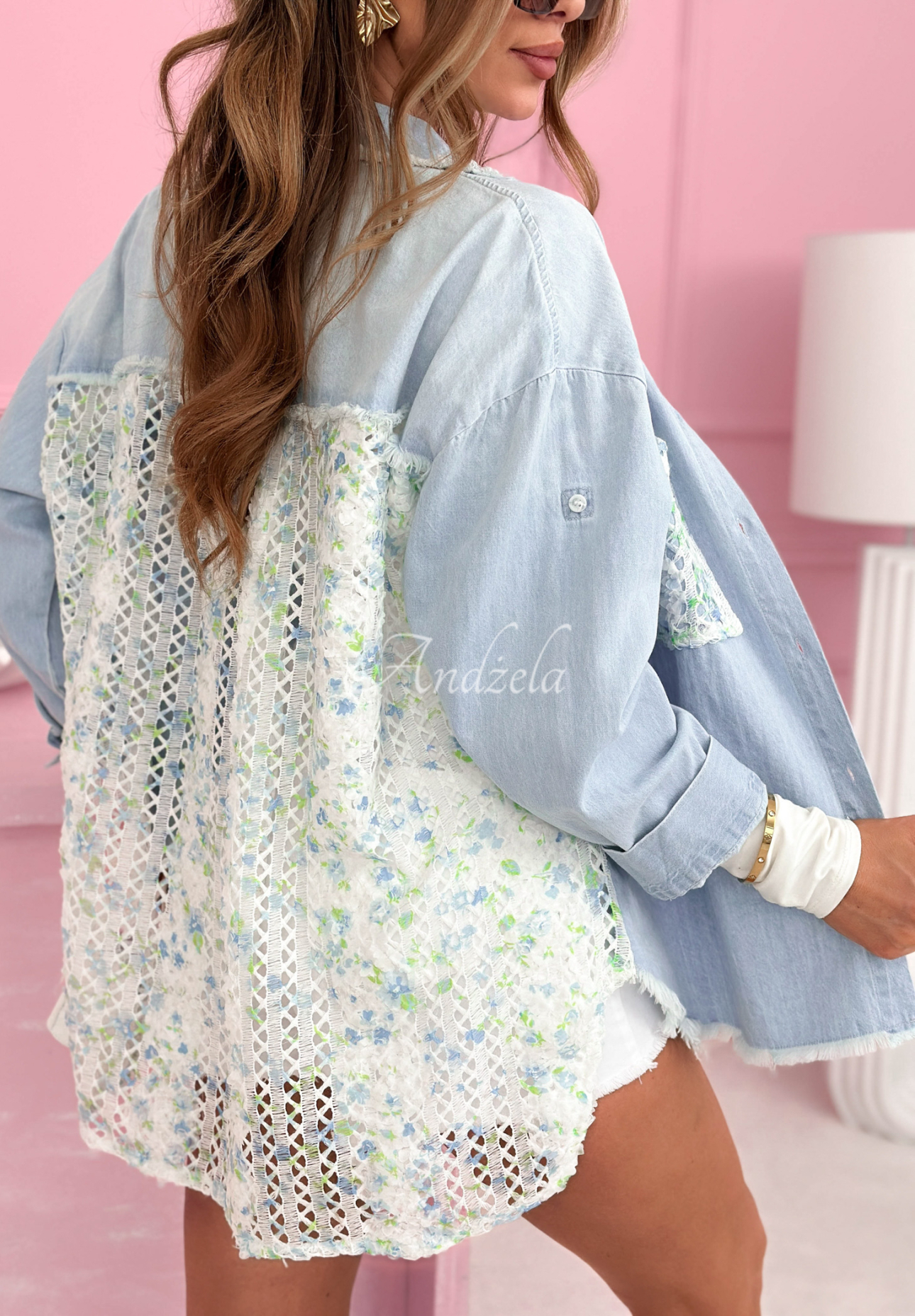Džínsová košeľa s čipkou Lace On My Mind modrá
