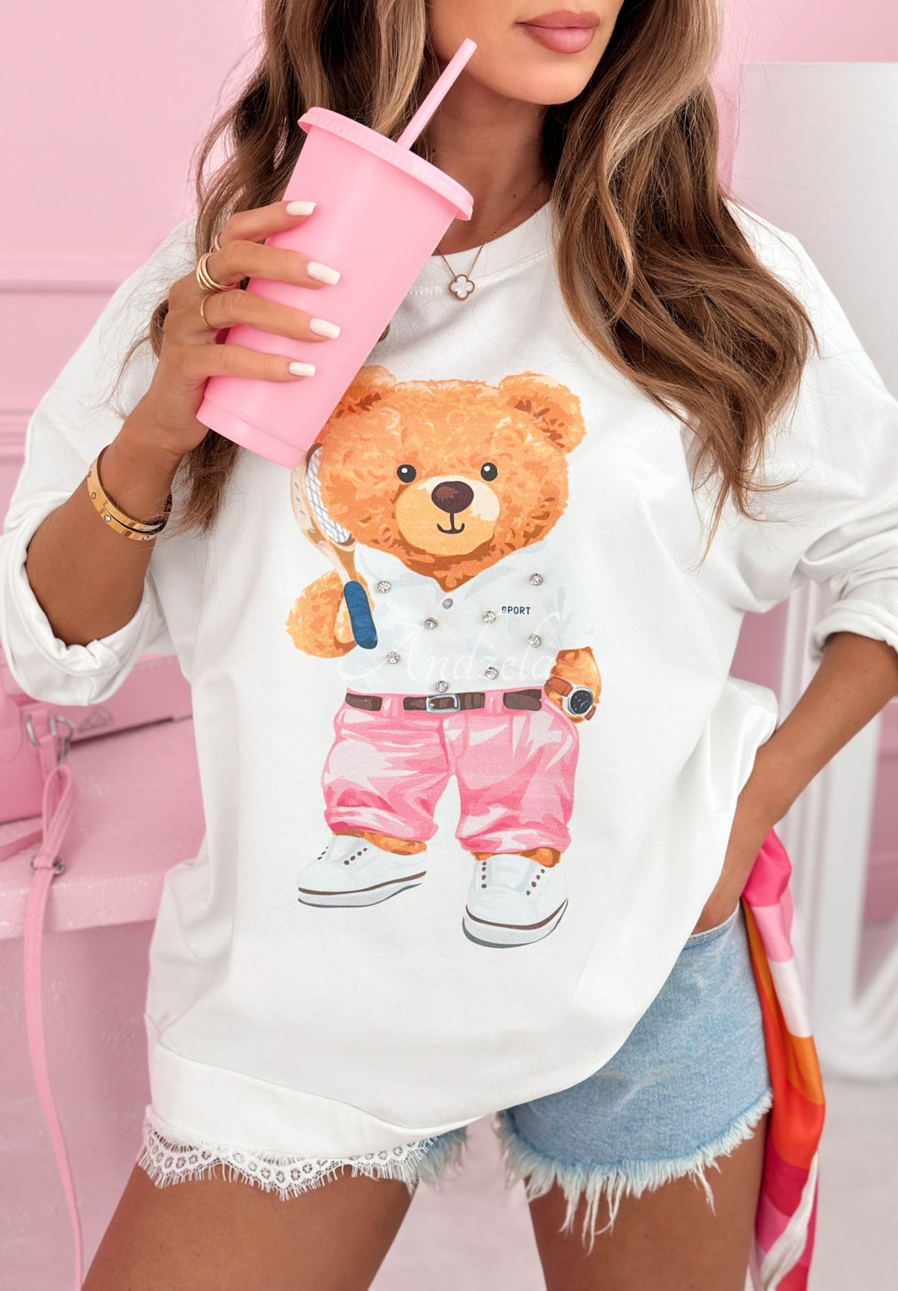 Bavlnená mikina s potlačou a čipkou Tennis Teddy ecru