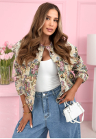 Krátka żakardowa Bunda bomberka w kwiaty Despite The Rain béžová