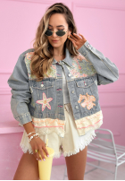 Krátka džínsová Bunda z kolorowymi haftami Solenne svetlomodrá
