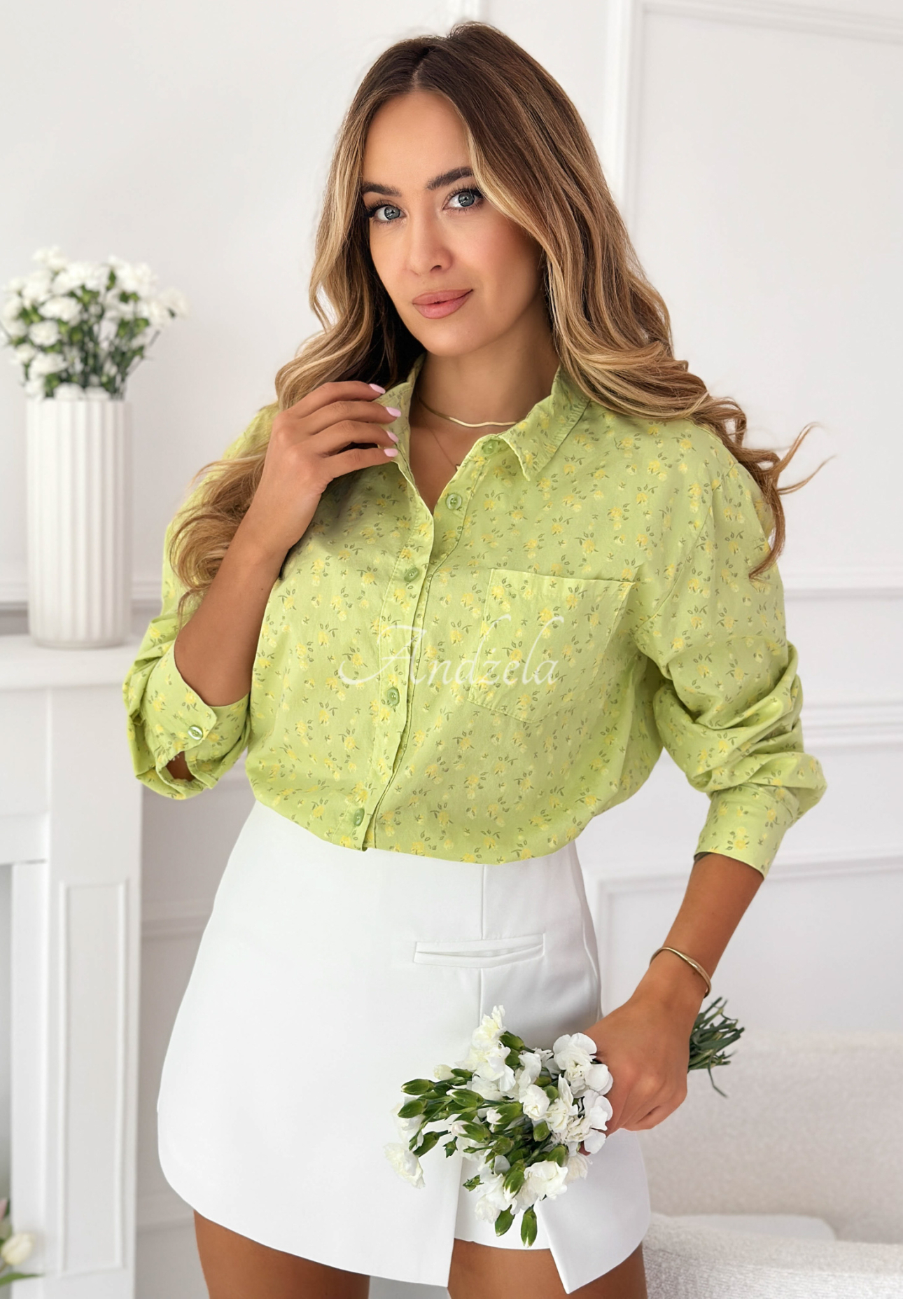 Bavlnená kvetinová košeľa Marbella pistaciová