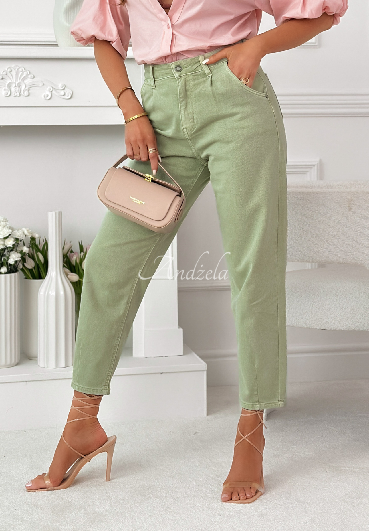 Džínsy balloon Gracie pistáciové