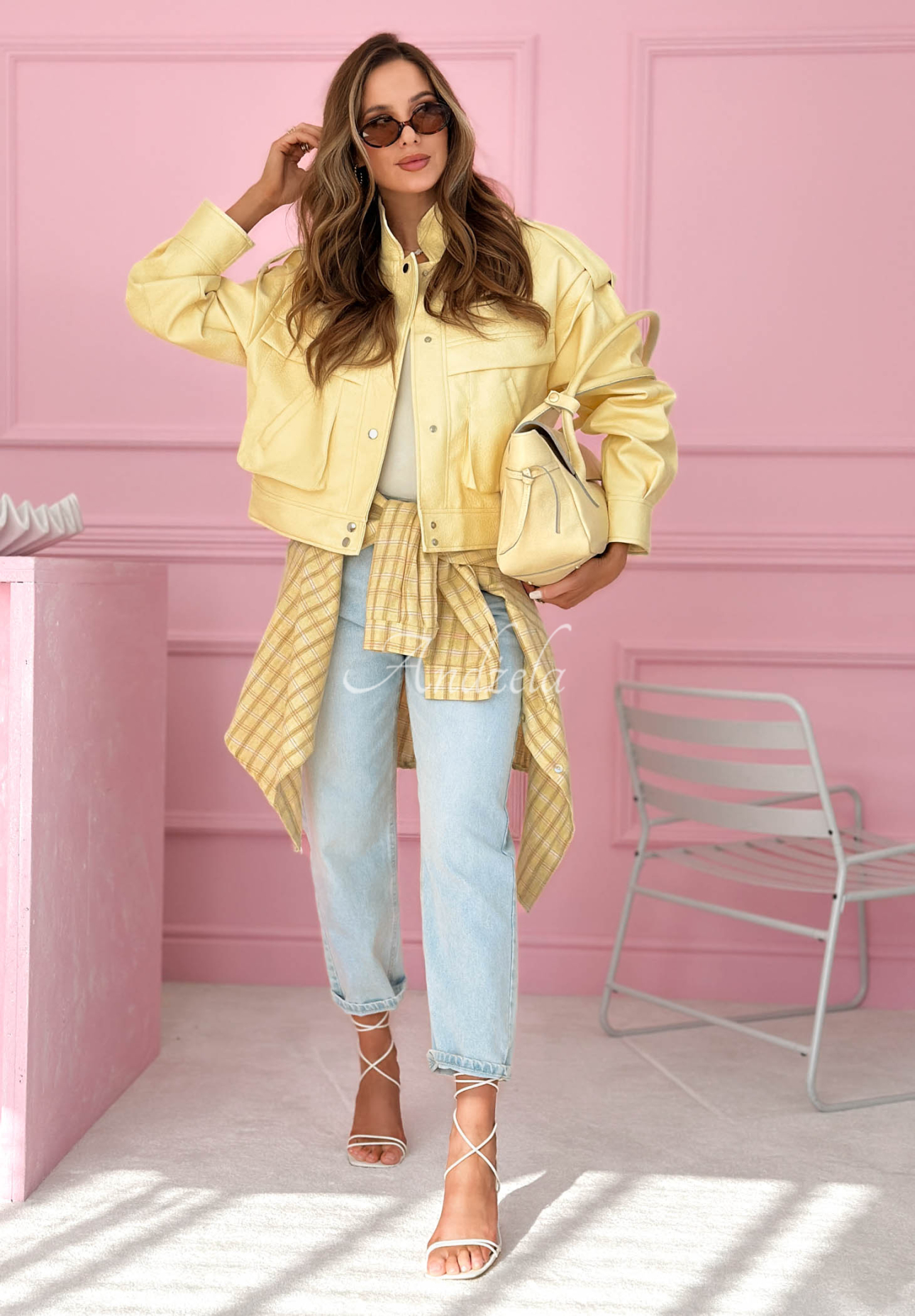 Krátka kožená bunda s golierom Jolie žltá