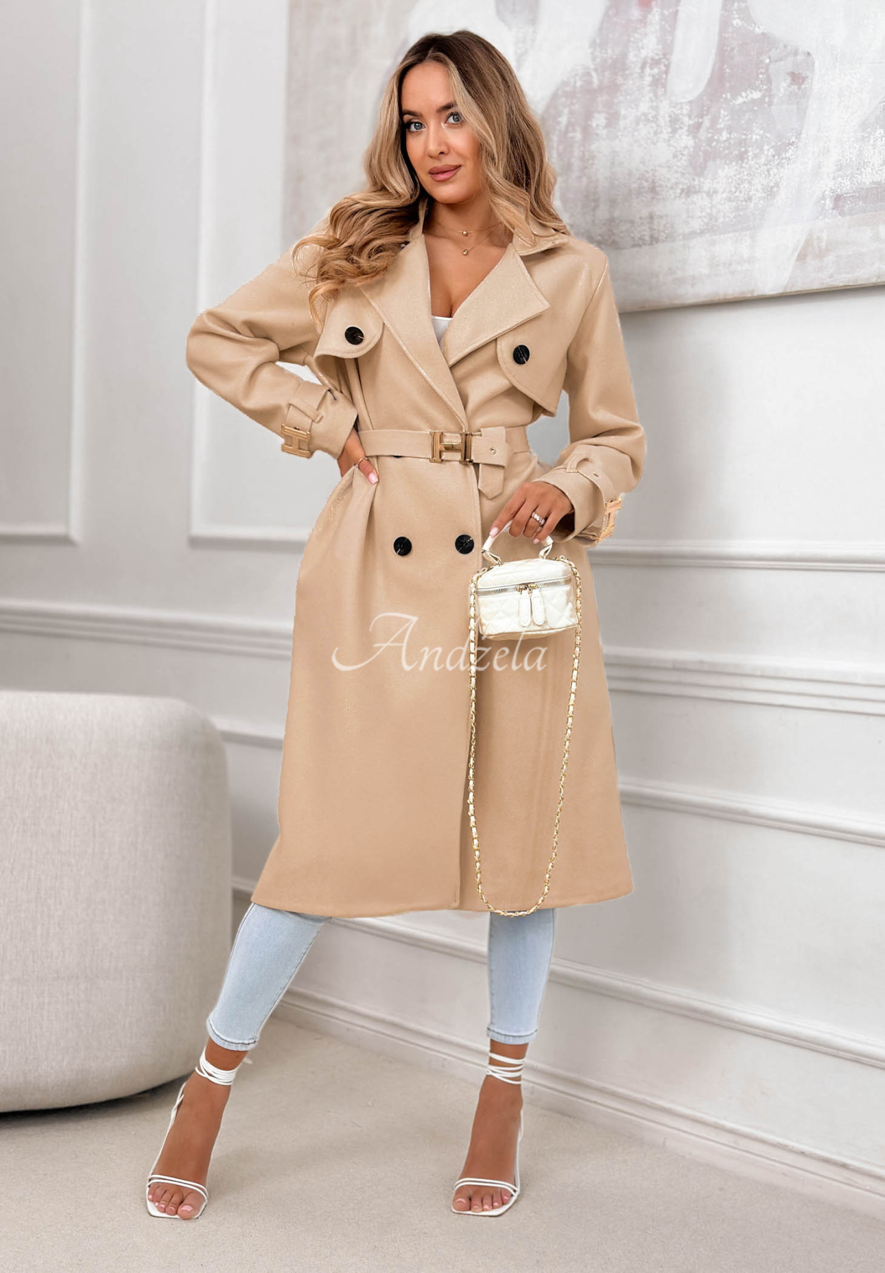 Dlhý dvojradový kabát s opaskom Changing Of Season tmavobéžový