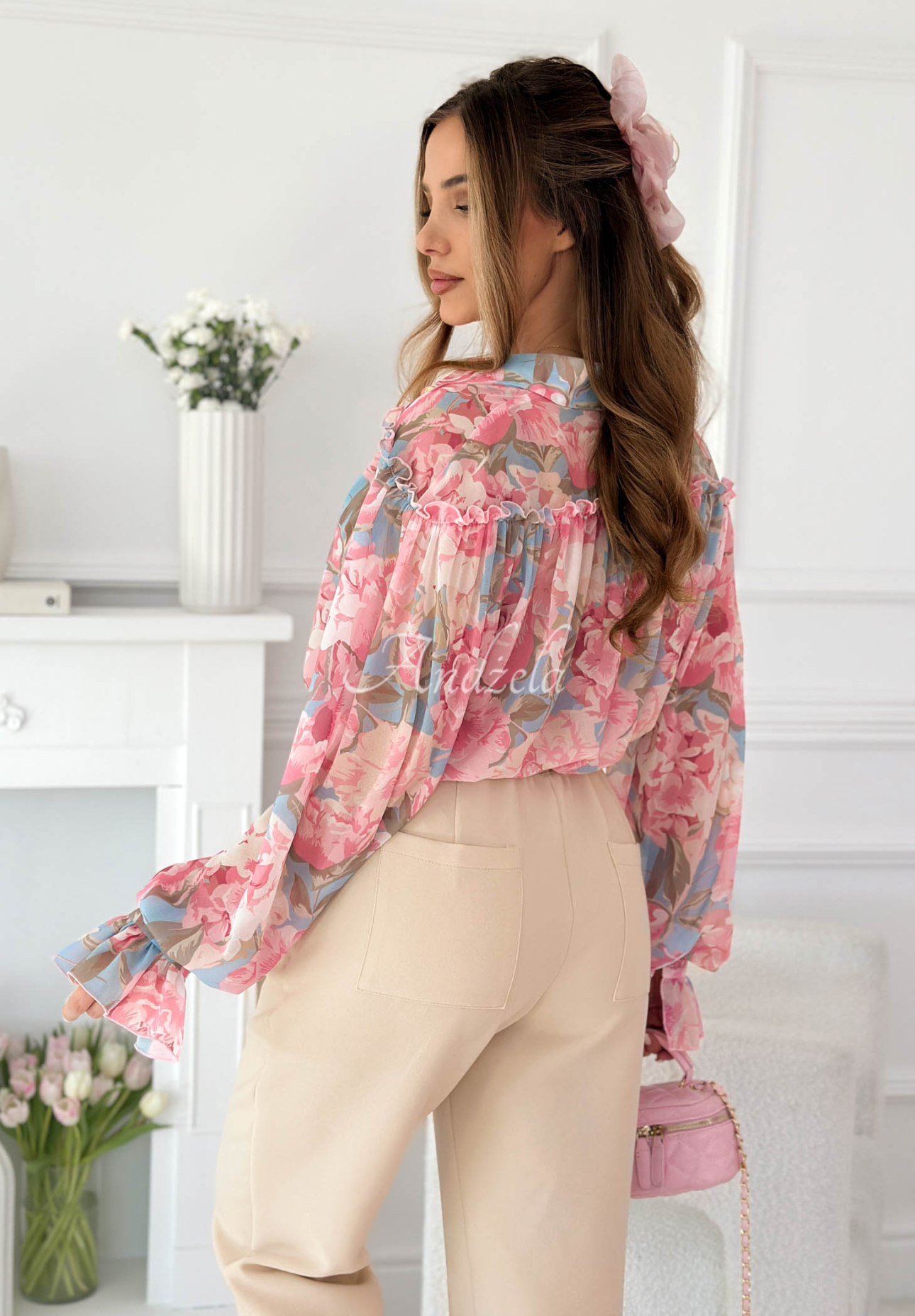 Viskózová kvetinová košeľa s volánikmi Annette ružová