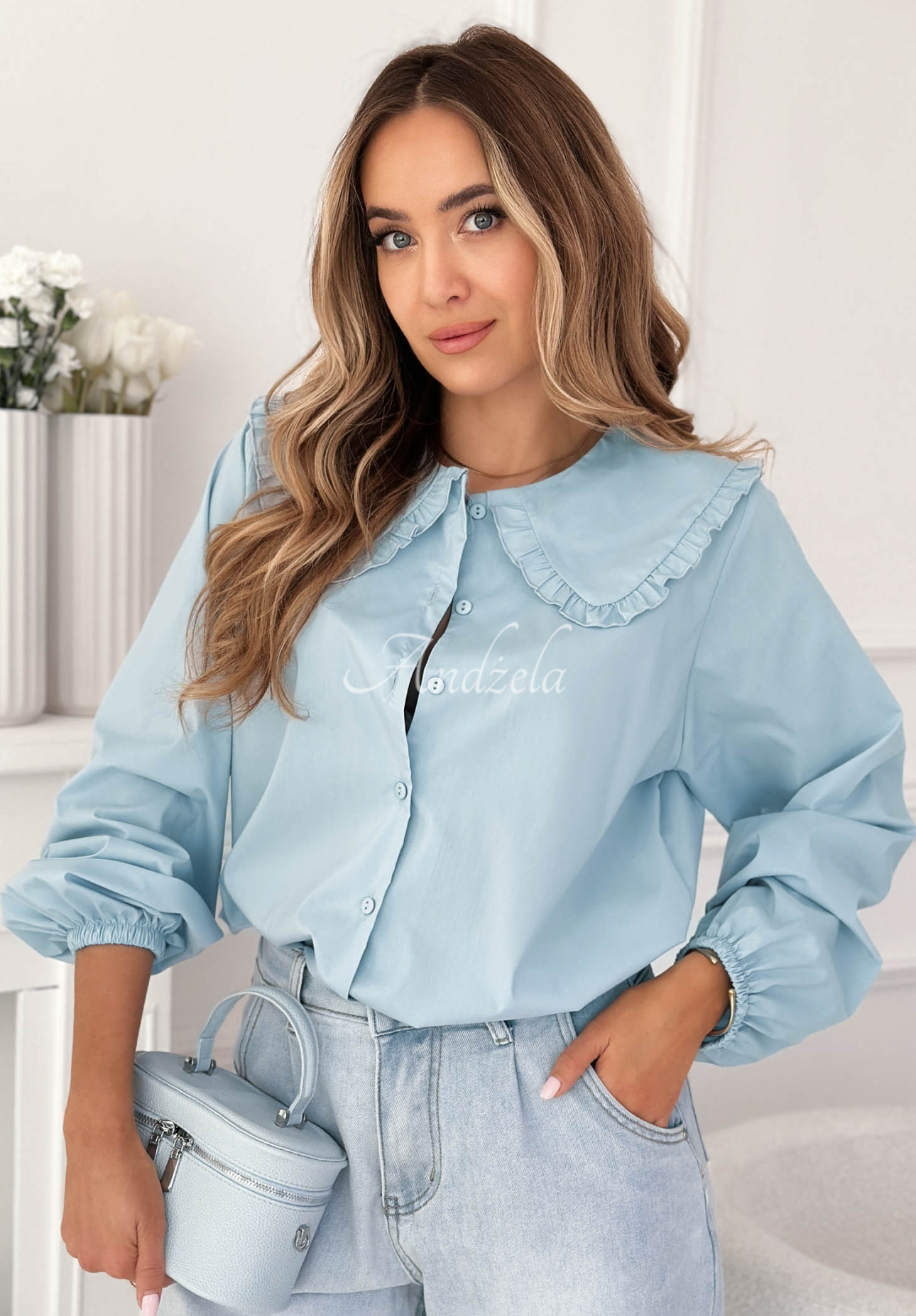 Viskózová košeľa s ozdobným golierom Martha blankytná