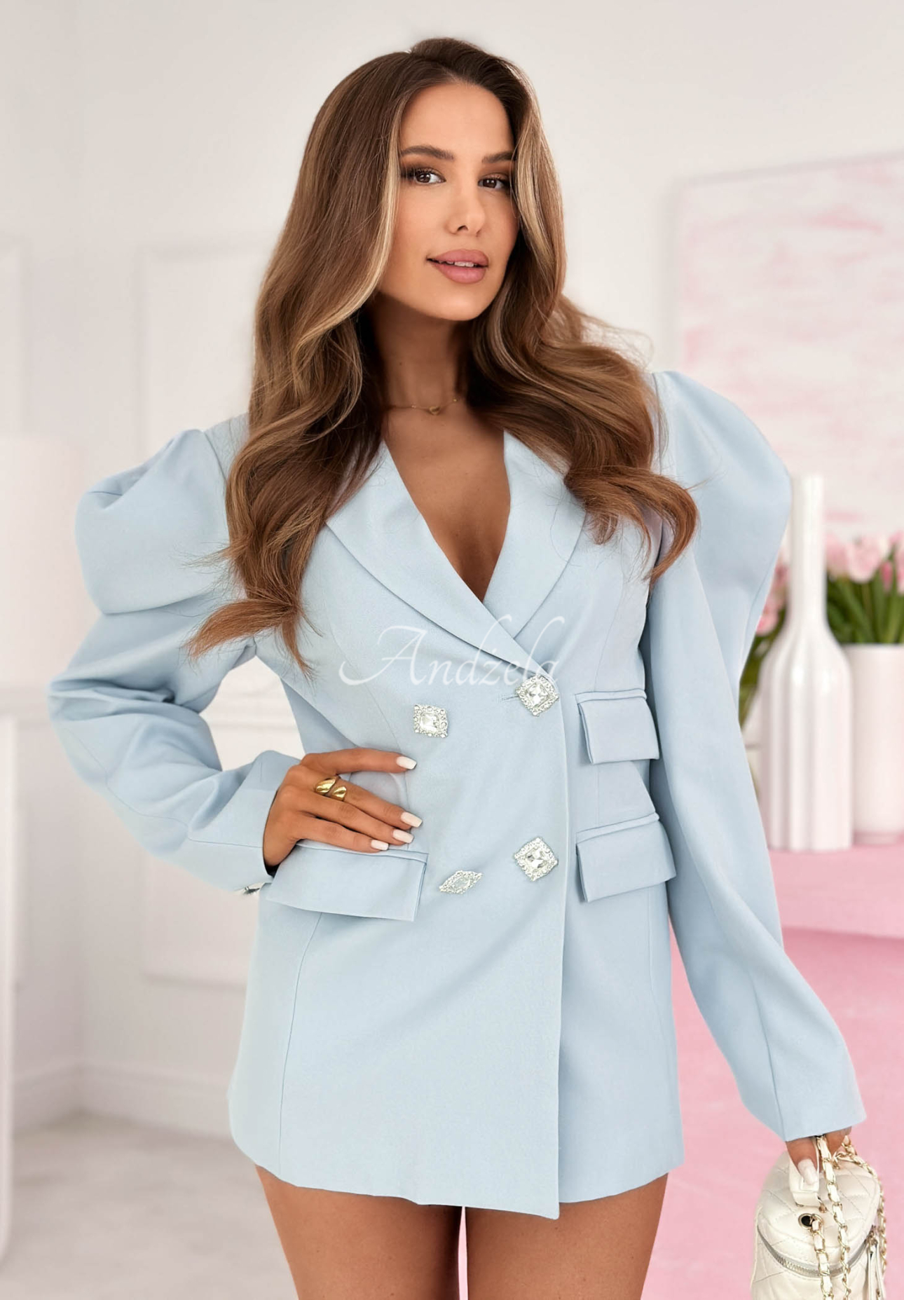 Šaty sako s naberanými rukávmi a bavlnou Avenelle blankytná