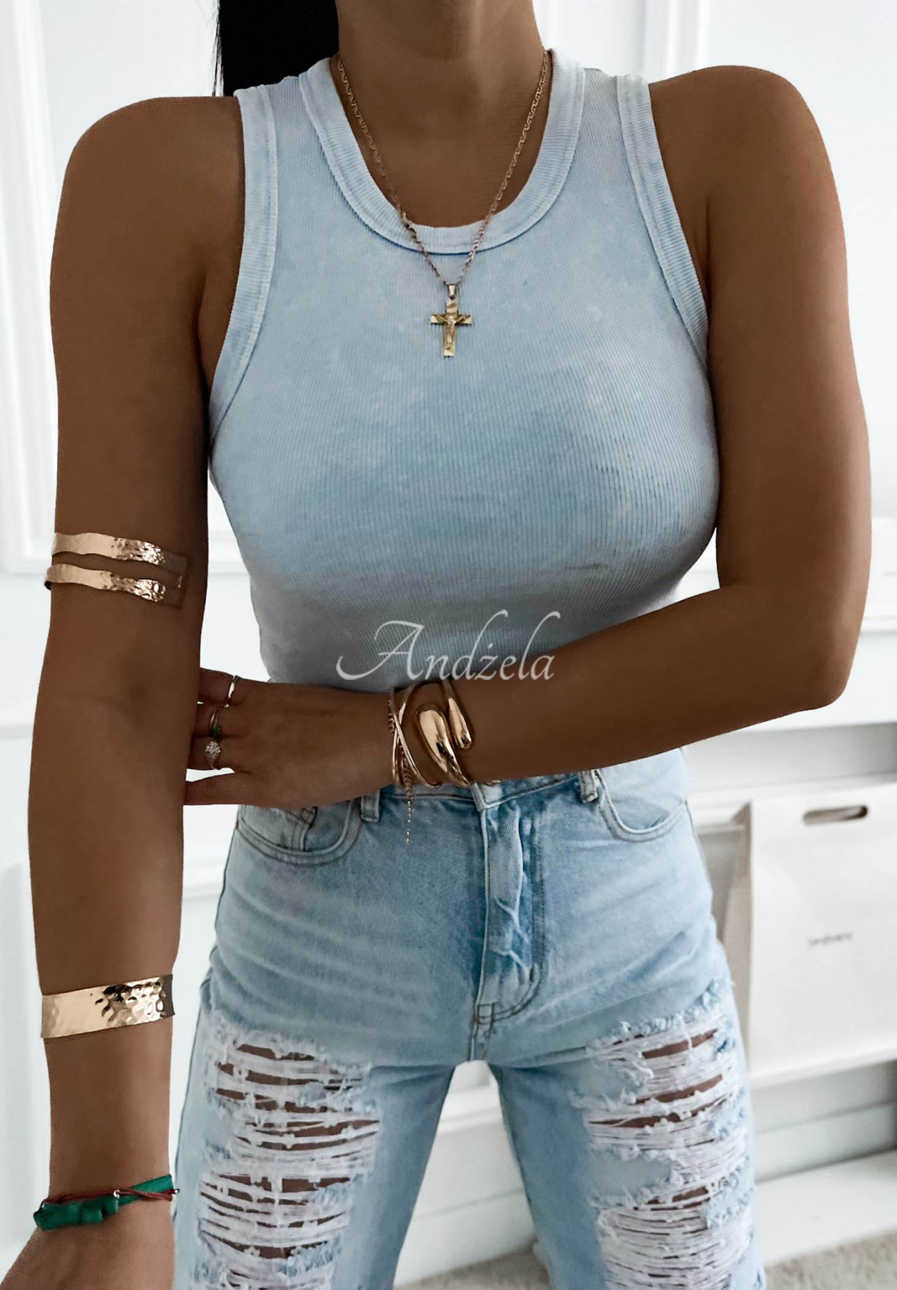 Rebrovaný top na ramienka z bavlny Callie blankytný