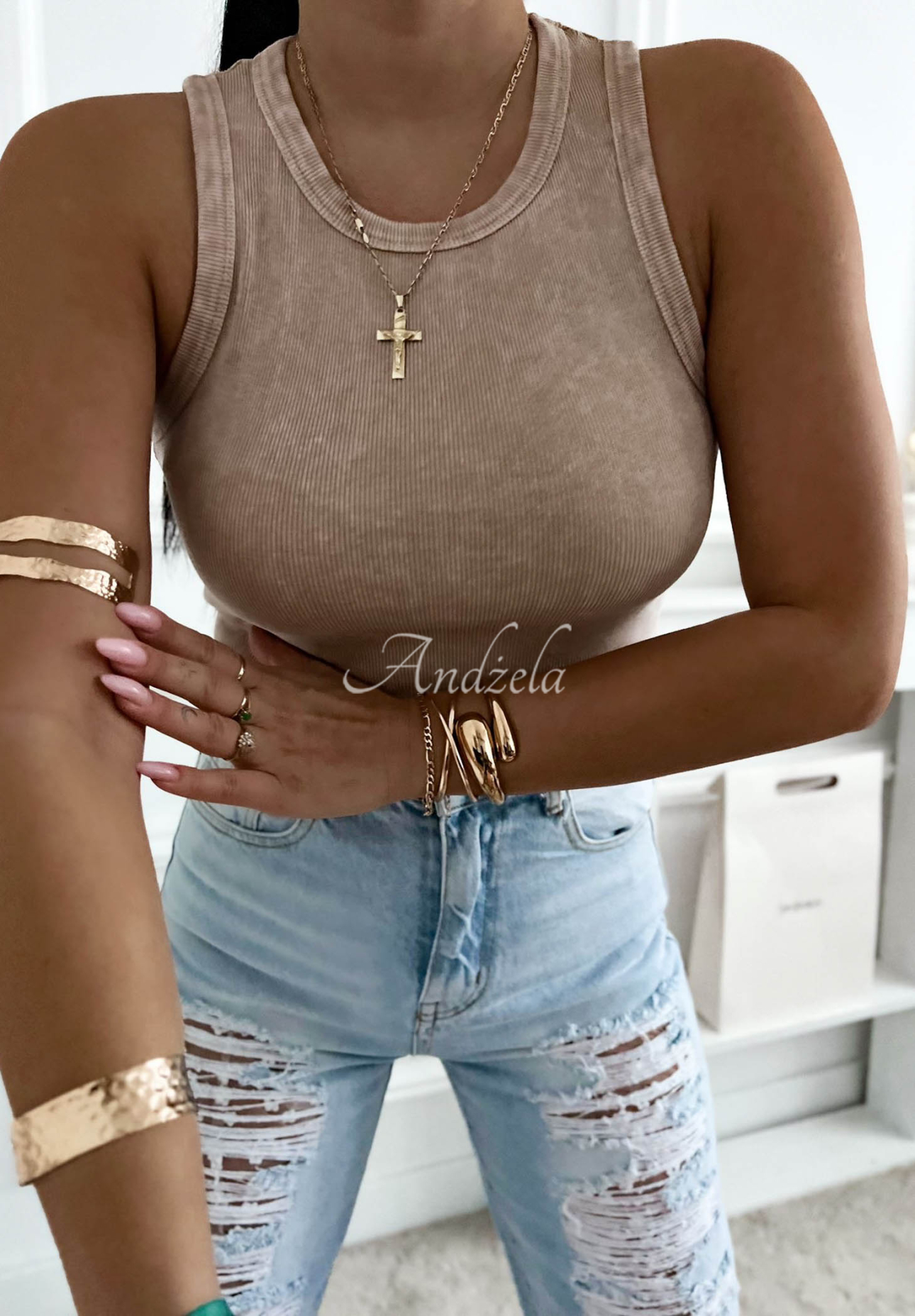 Rebrovaný top na ramienka z bavlny Callie béžový