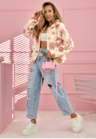 Polarowa Bunda w kwiaty Avalisse biało-ružová