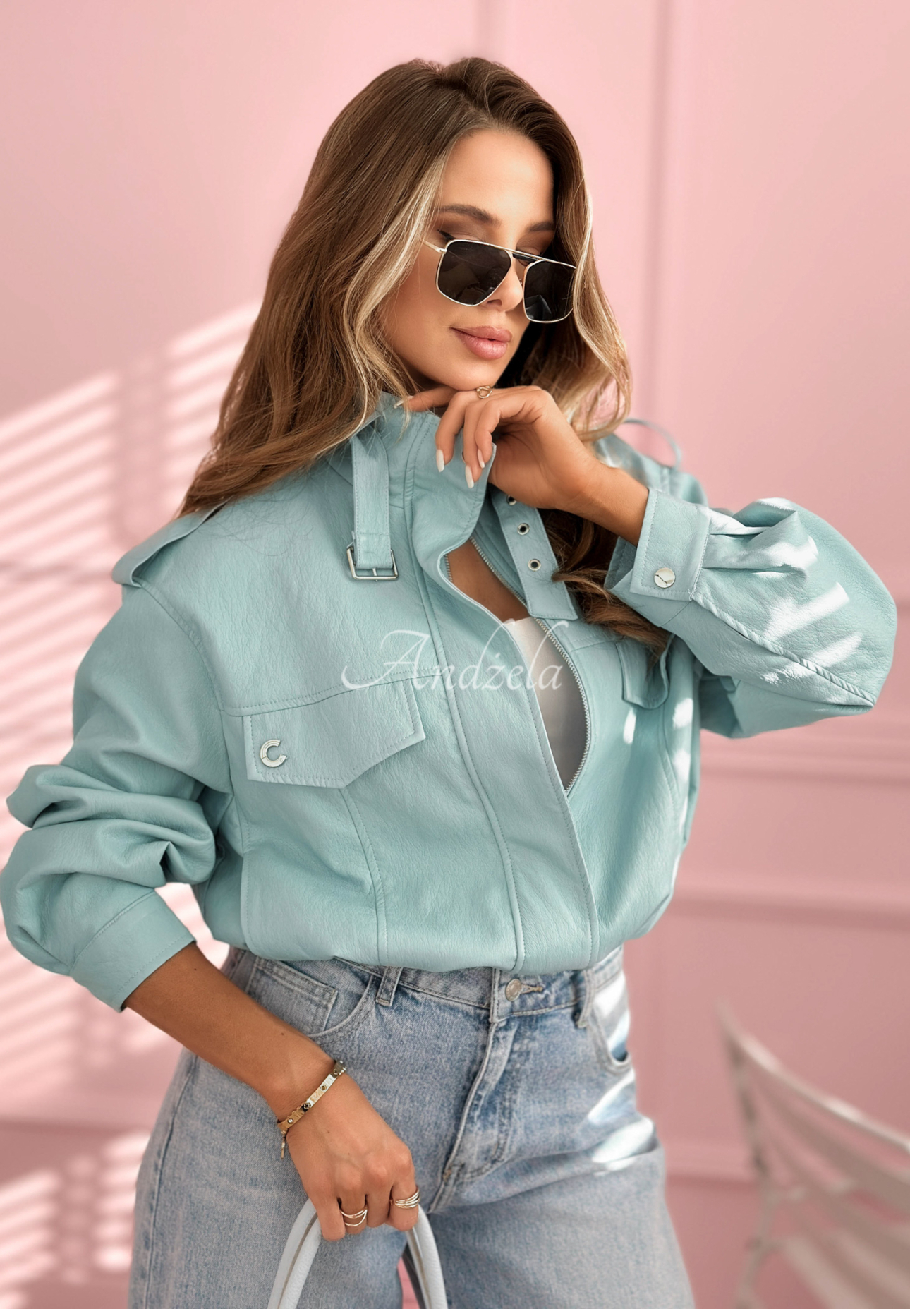 Krátka kožená bunda bomberka Marisa blankytná