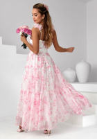 Kwiecista Šaty maxi na ramiączkach z falbankami Prudence biało-ružová