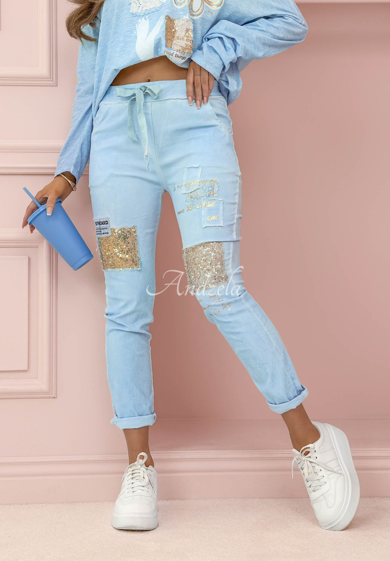 Nohavice s flitrami Love & Flowers blankytné