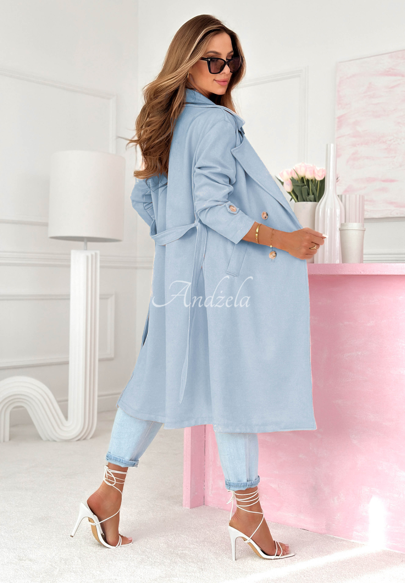 Semišový kabát s opaskom No Big Deal blankytný