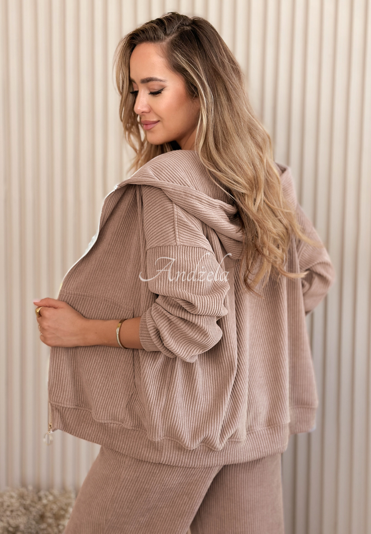 Rebrovaná súprava mikina a nohavice z bavlny Marcella čokoládové