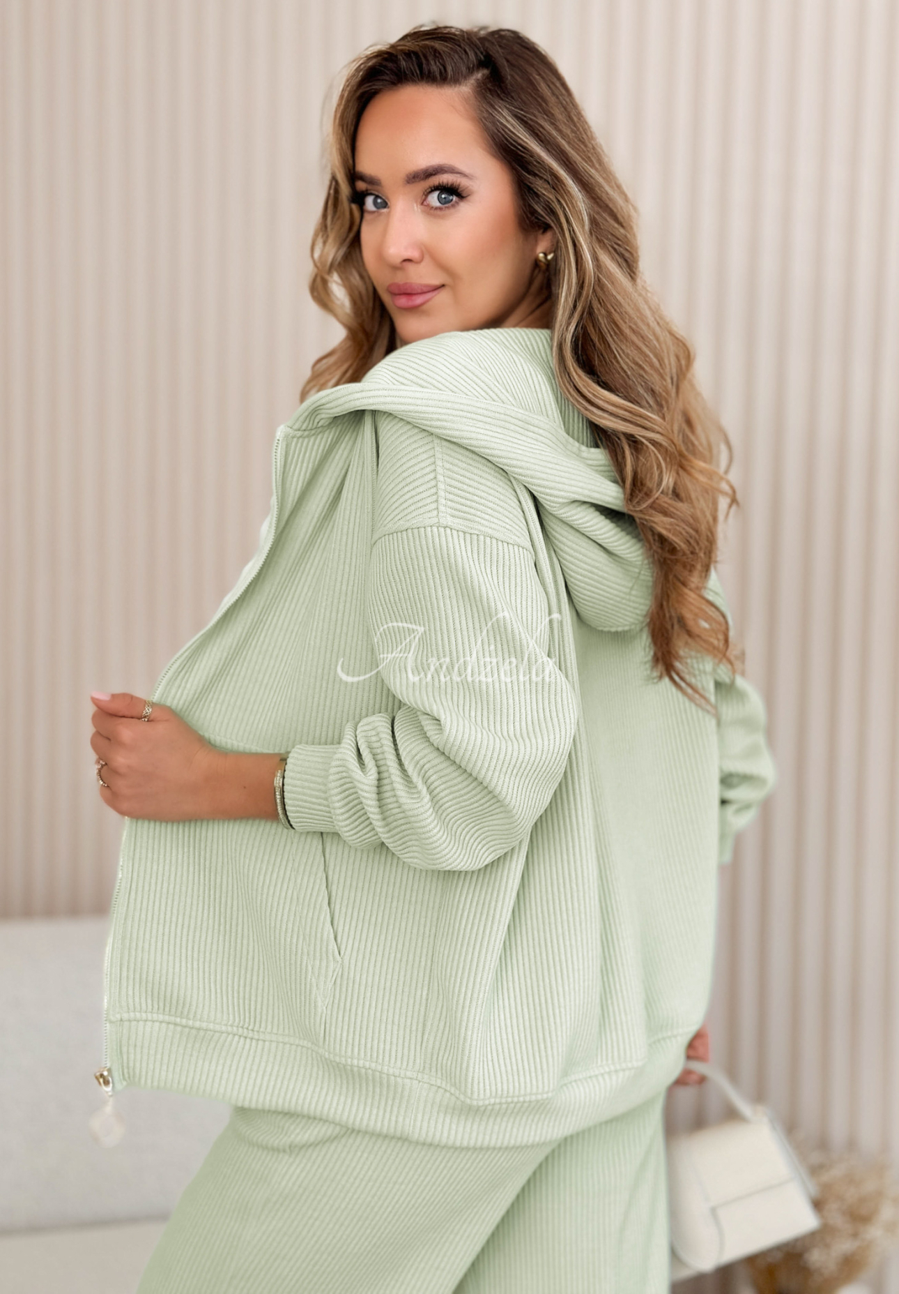 Rebrovaná súprava mikina a nohavice z bavlny Marcella mentolové