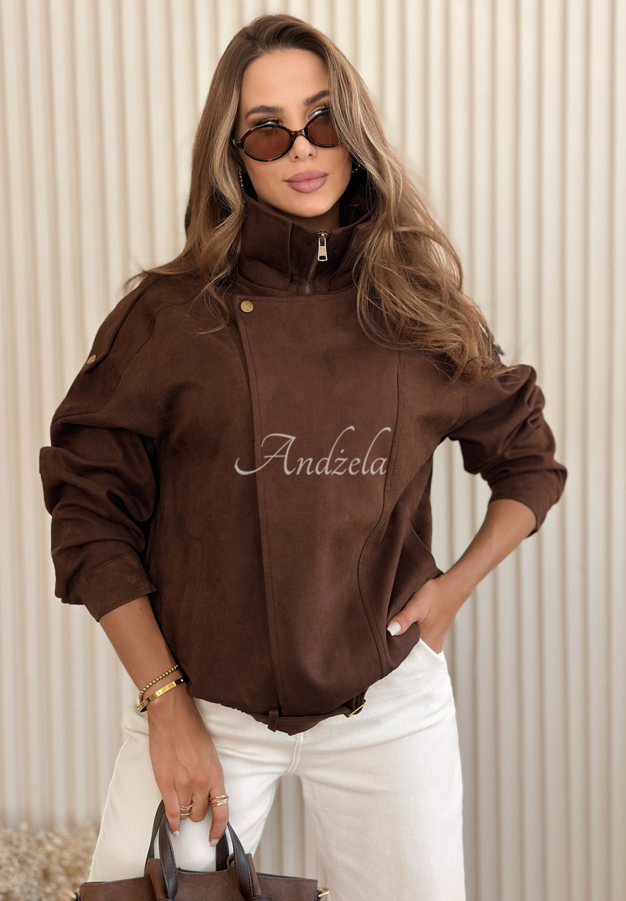 Krátka semišová bunda s golierom Feeling Cold čokoládová