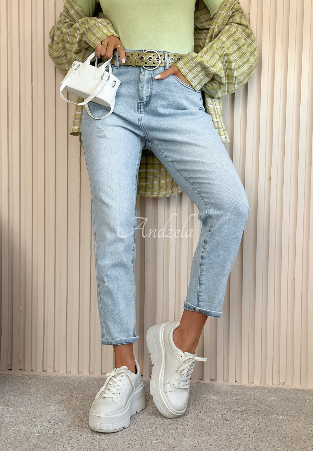 Džínsy mom fit Andrina svetlomodré