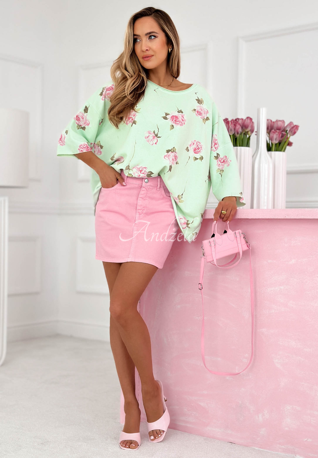 Bavlnená mikina oversize s ružami Rosanella pistaciová