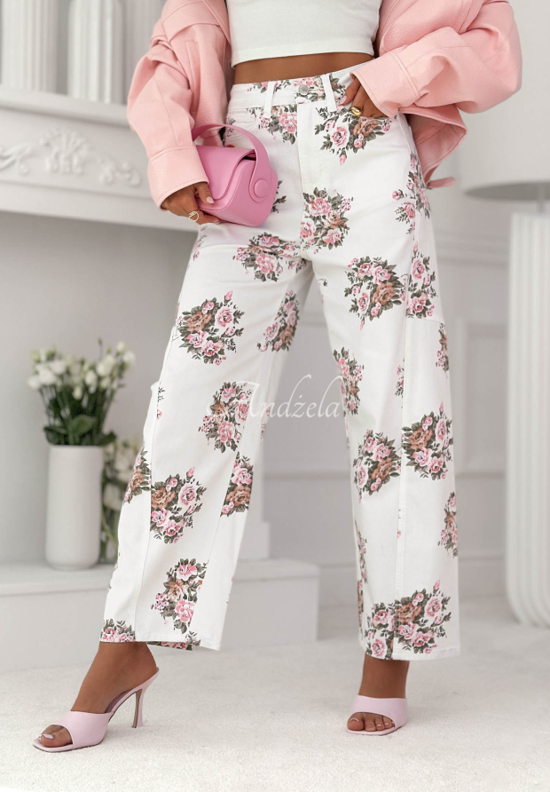 Dž&iacute;nsy balloon s kvetmi Floral Denim biele
