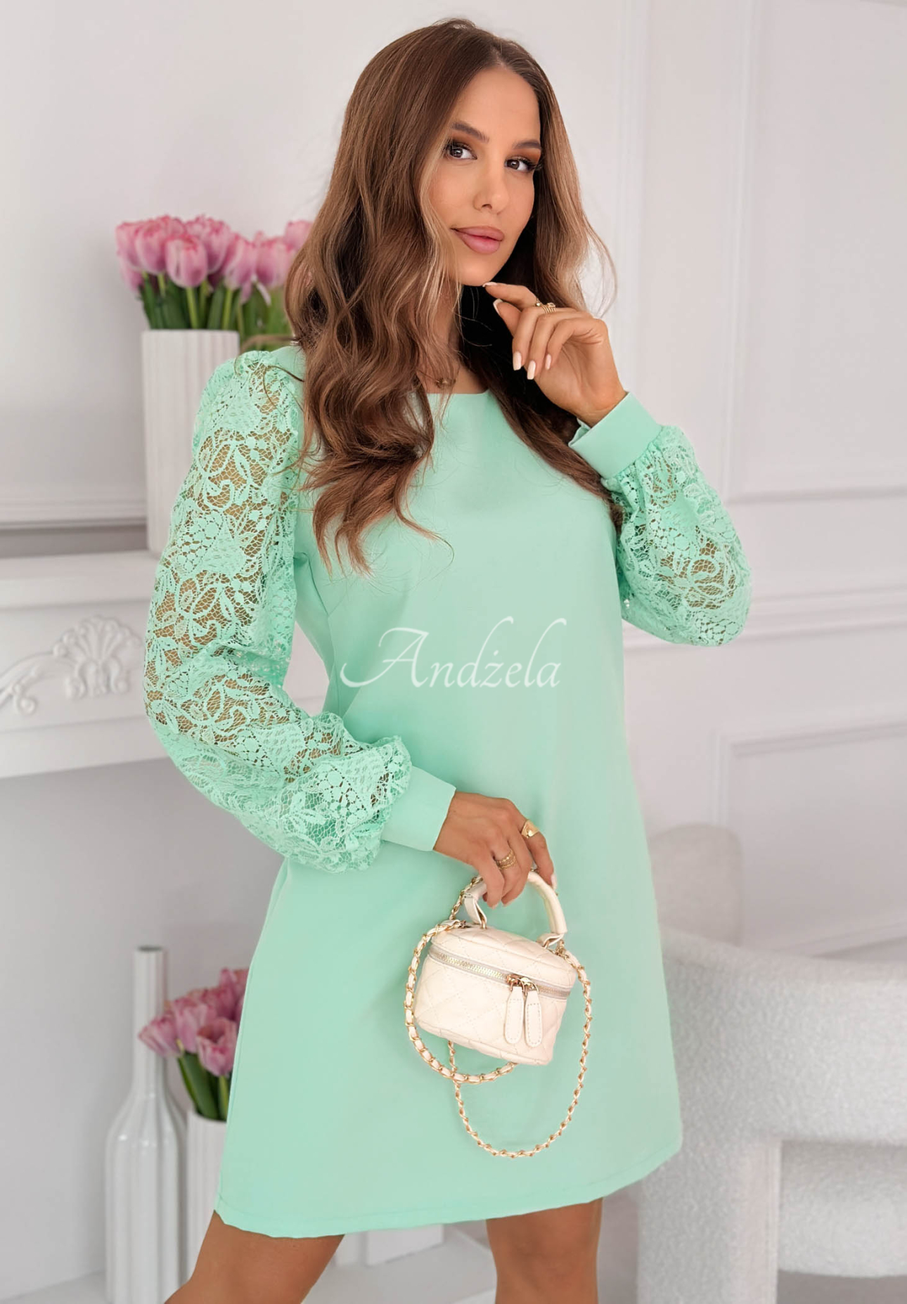 Šaty s čipkovanými rukávmi Daniela mentolová